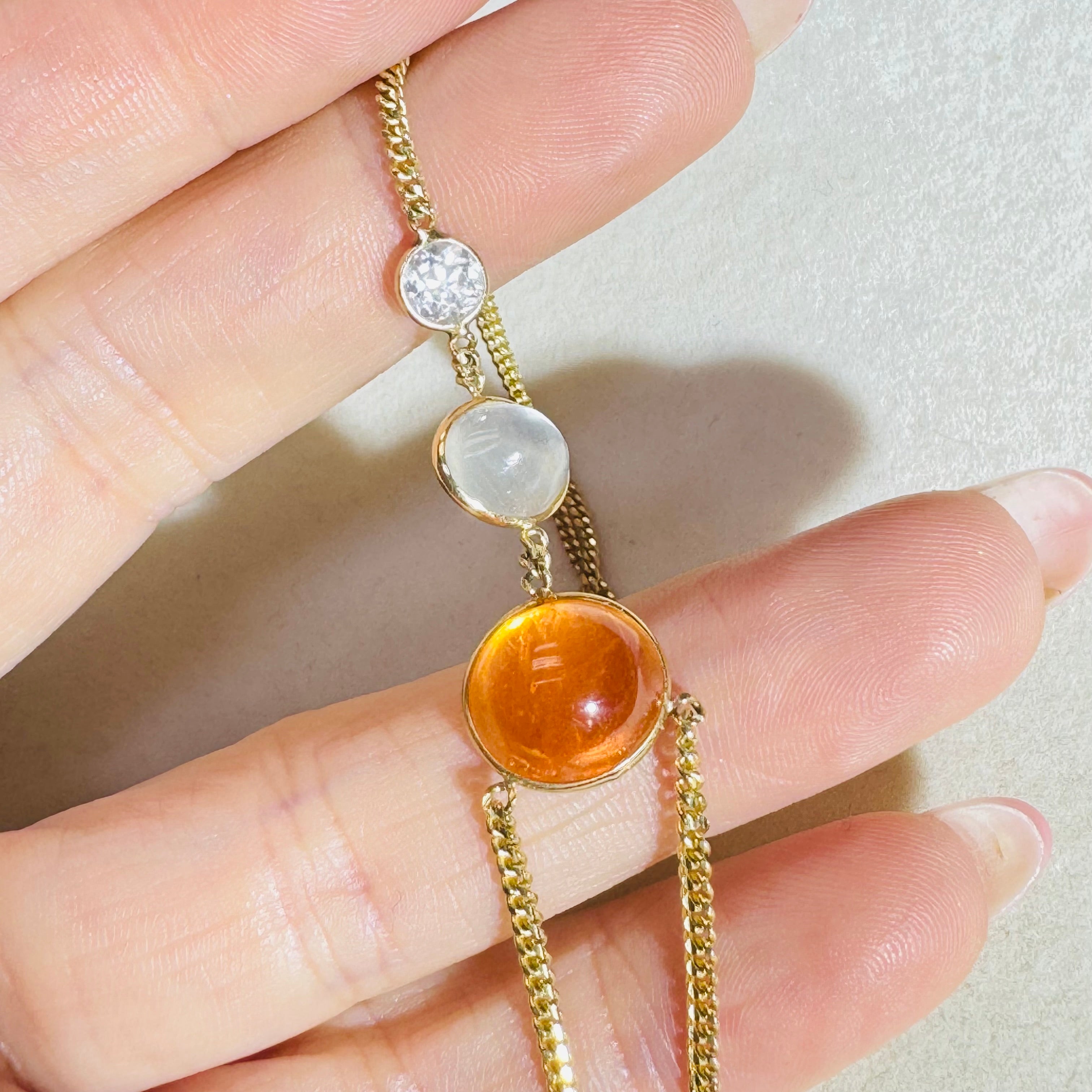 Mandarin Garnet Moonstone and Old Mine Cut Diamond 14K Yellow Gold Hand Chain