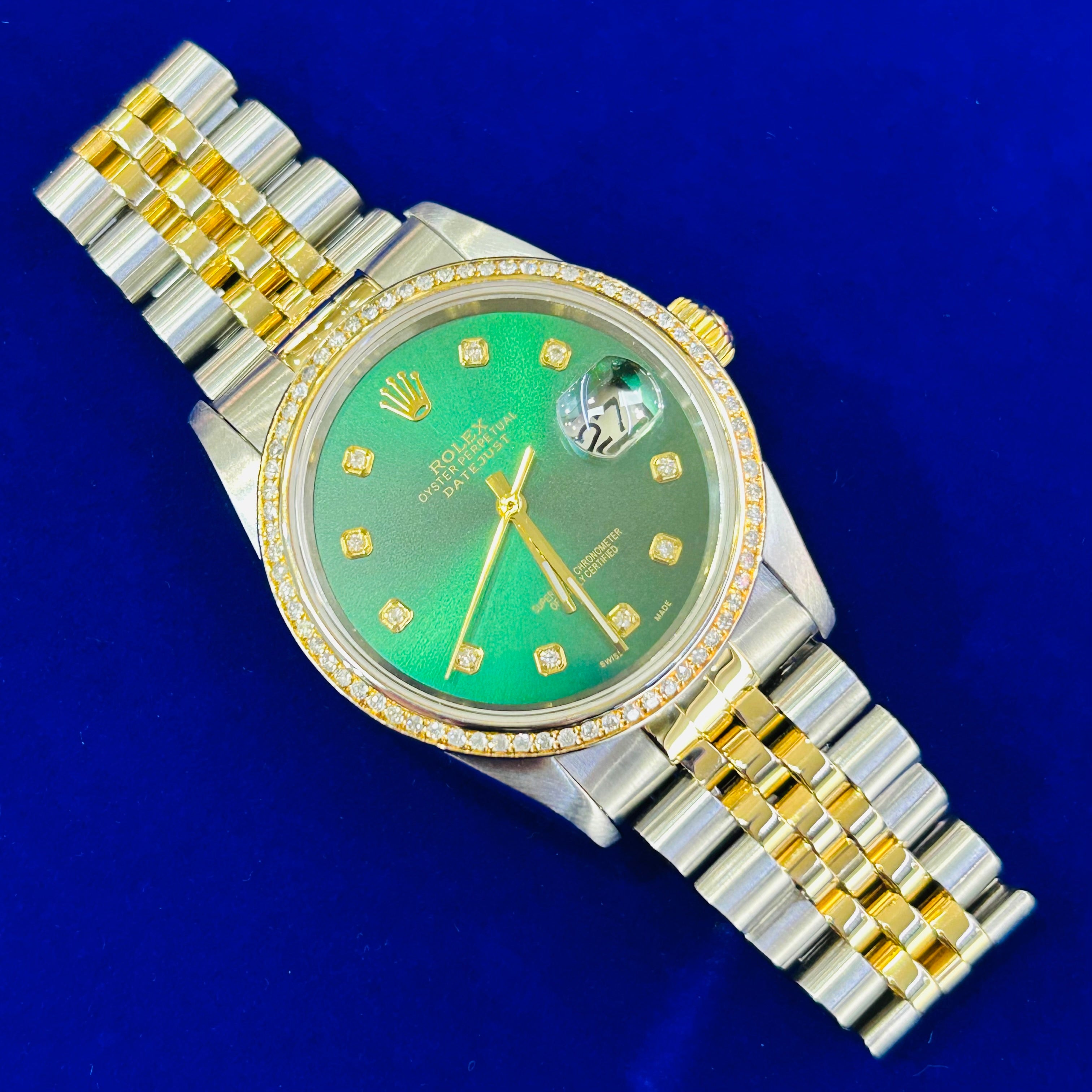 Rolex 36mm Datejust | Ref 16233 | Green Diamond Dial & Diamond Bezel | Jubilee 18k Yellow Gold & Stainless