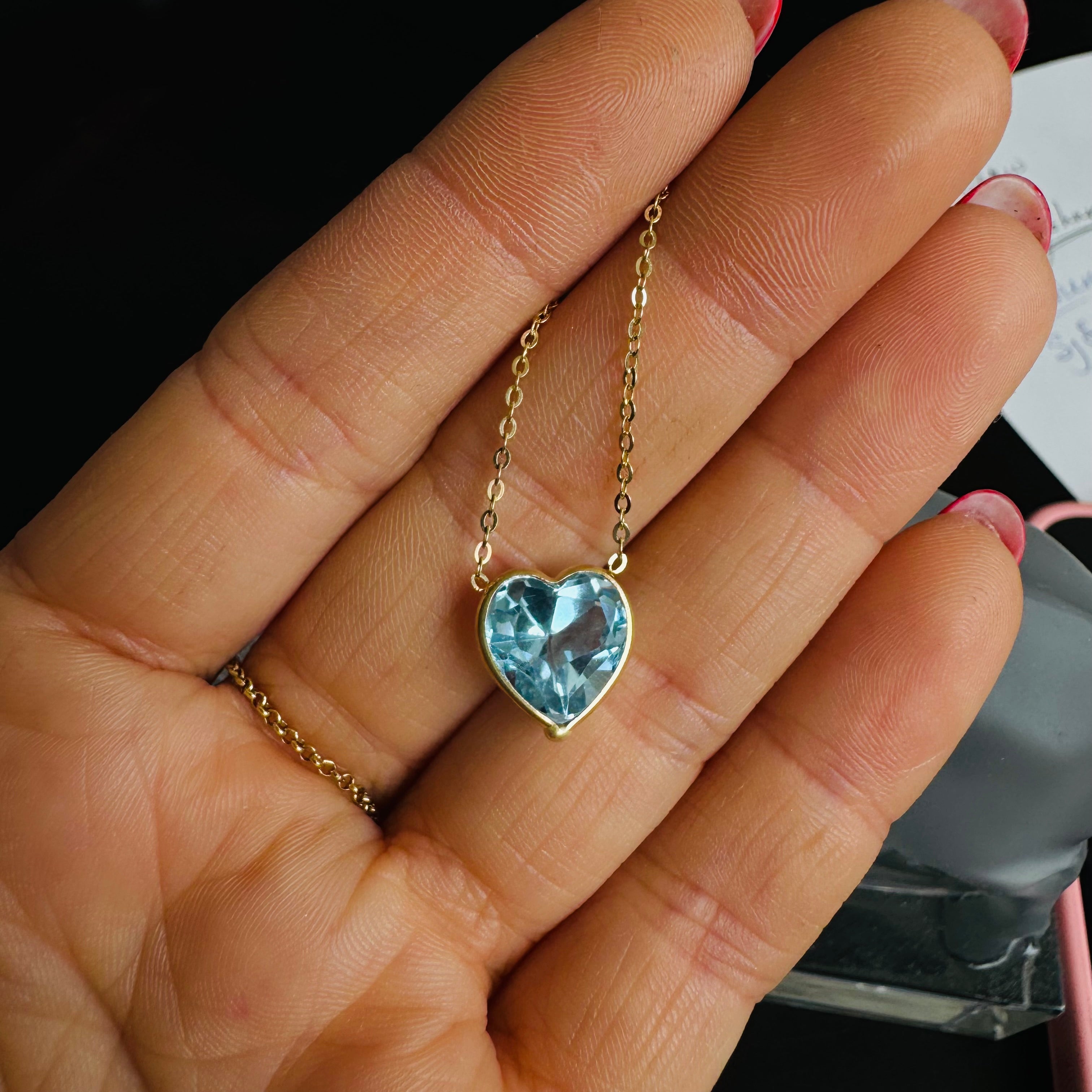 Natural Heart Blue Topaz 14K Yellow Gold Solitaire Necklace 16”- 18"