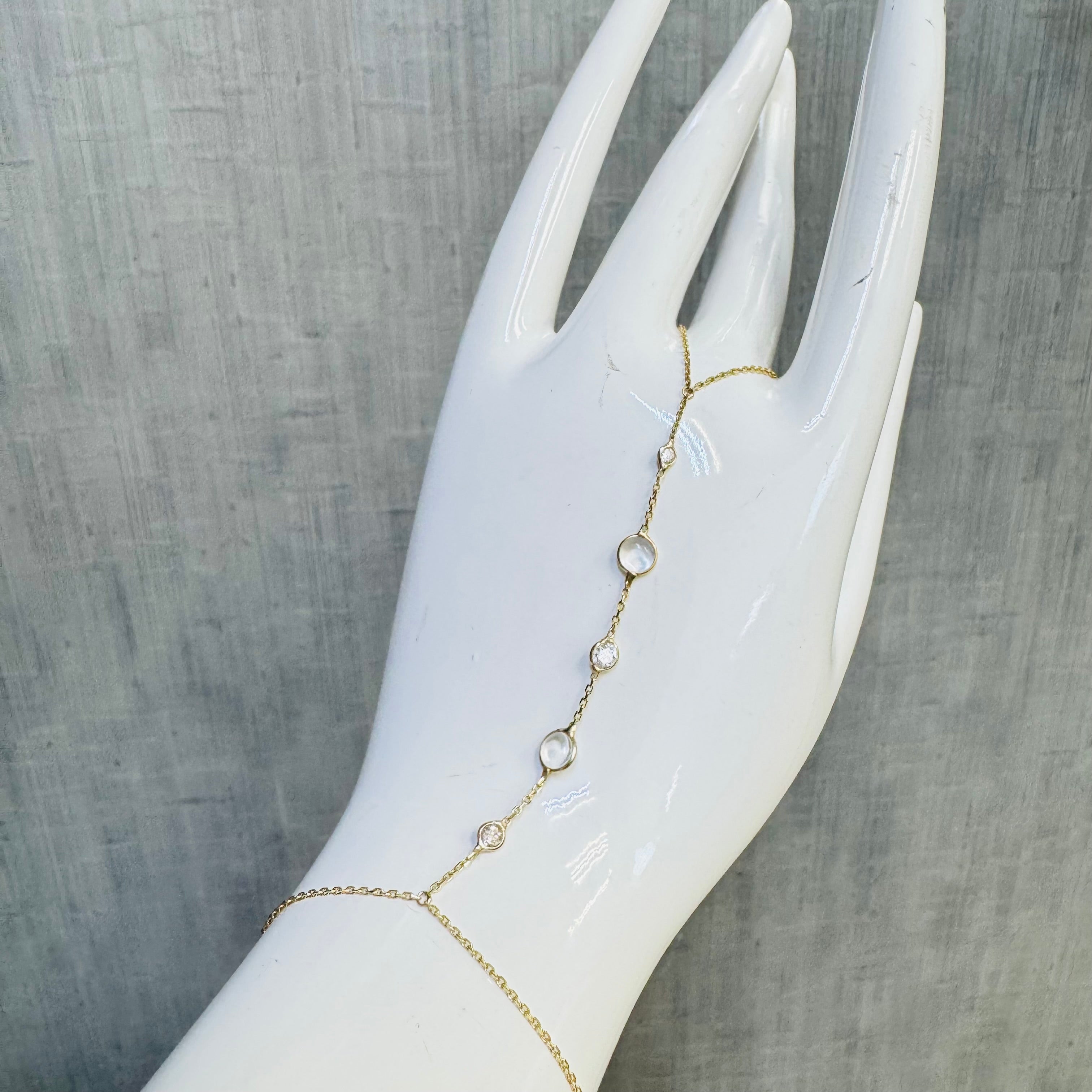14K Yellow Gold Moonstone and Old Mine Diamond Handchain