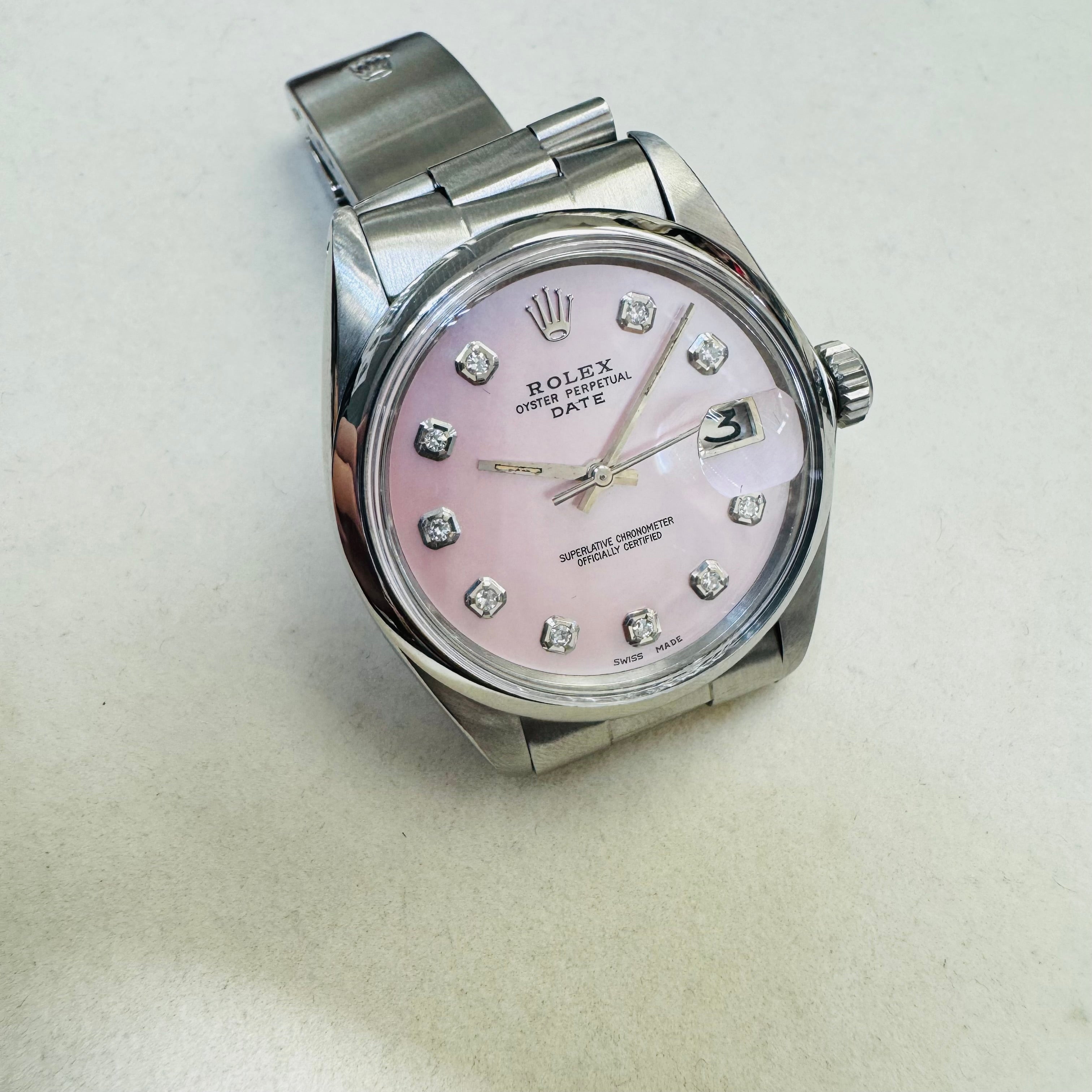 34mm Stainless Rolex Date Pink Mother of Pearl Diamond Dial Watch Year 1974