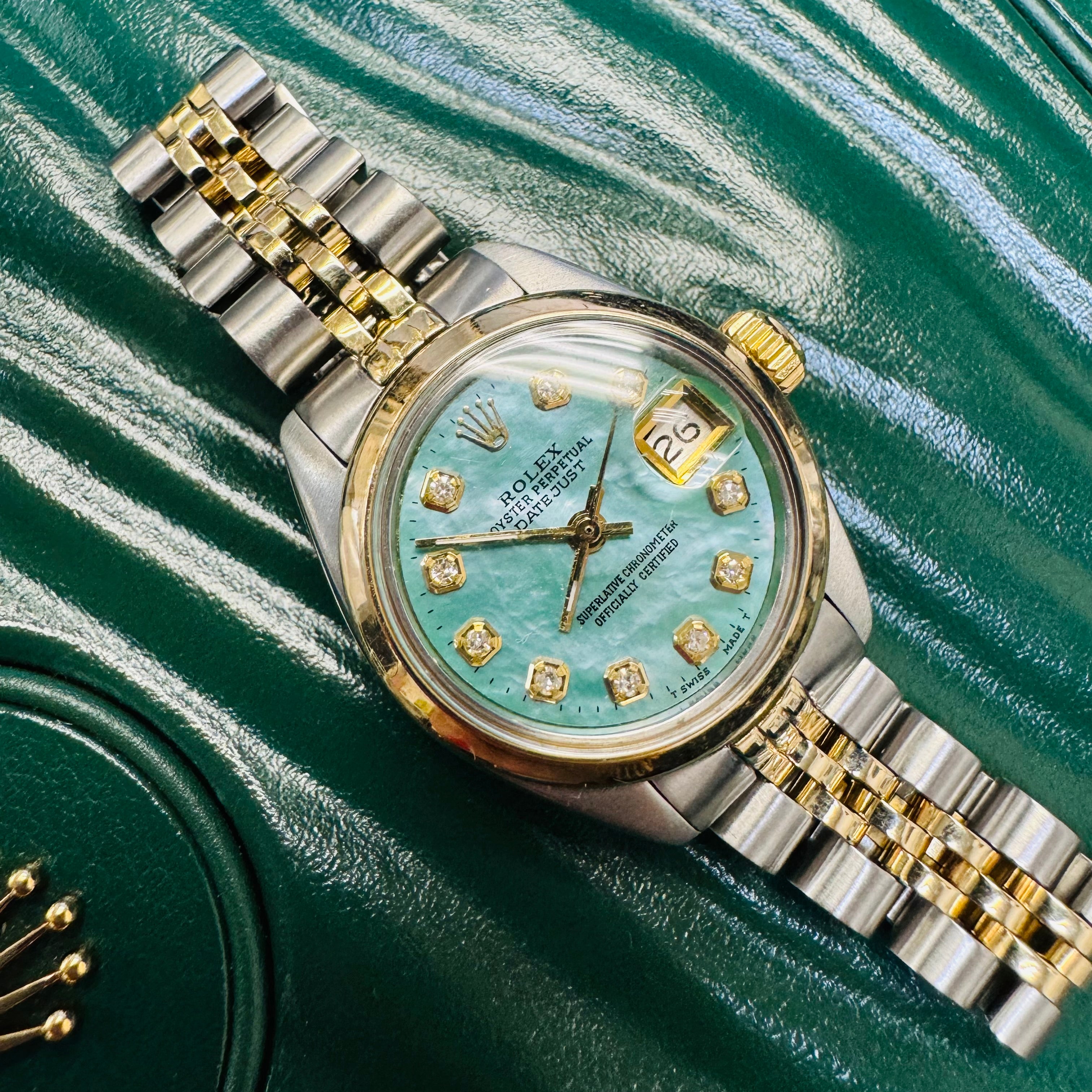 26mm Two Tone Rolex Watch with Teal Mother of Pearl Dial