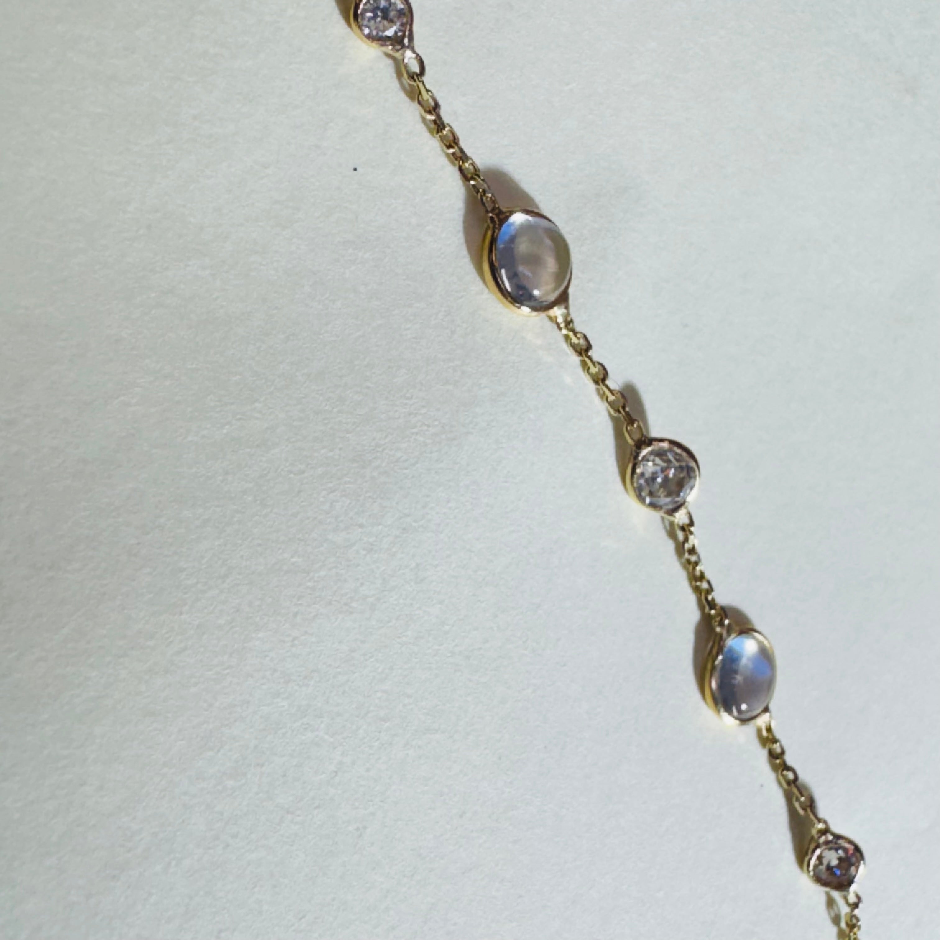 14K Yellow Gold Moonstone and Old Mine Diamond Handchain