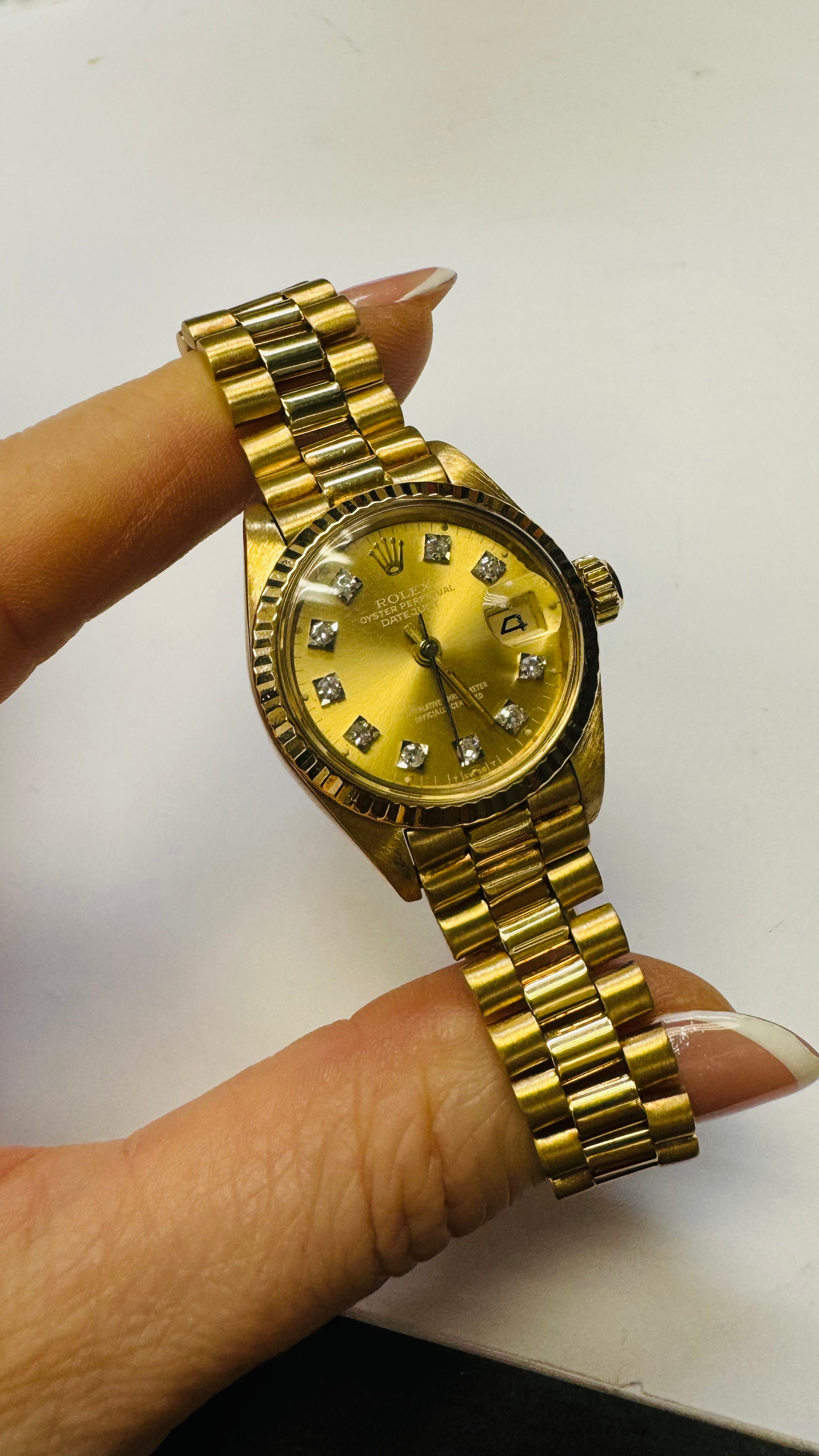 26mm 18K Yellow Gold Vintage Ladies Presidential Rolex Wristwatch Diamond Dial Watch