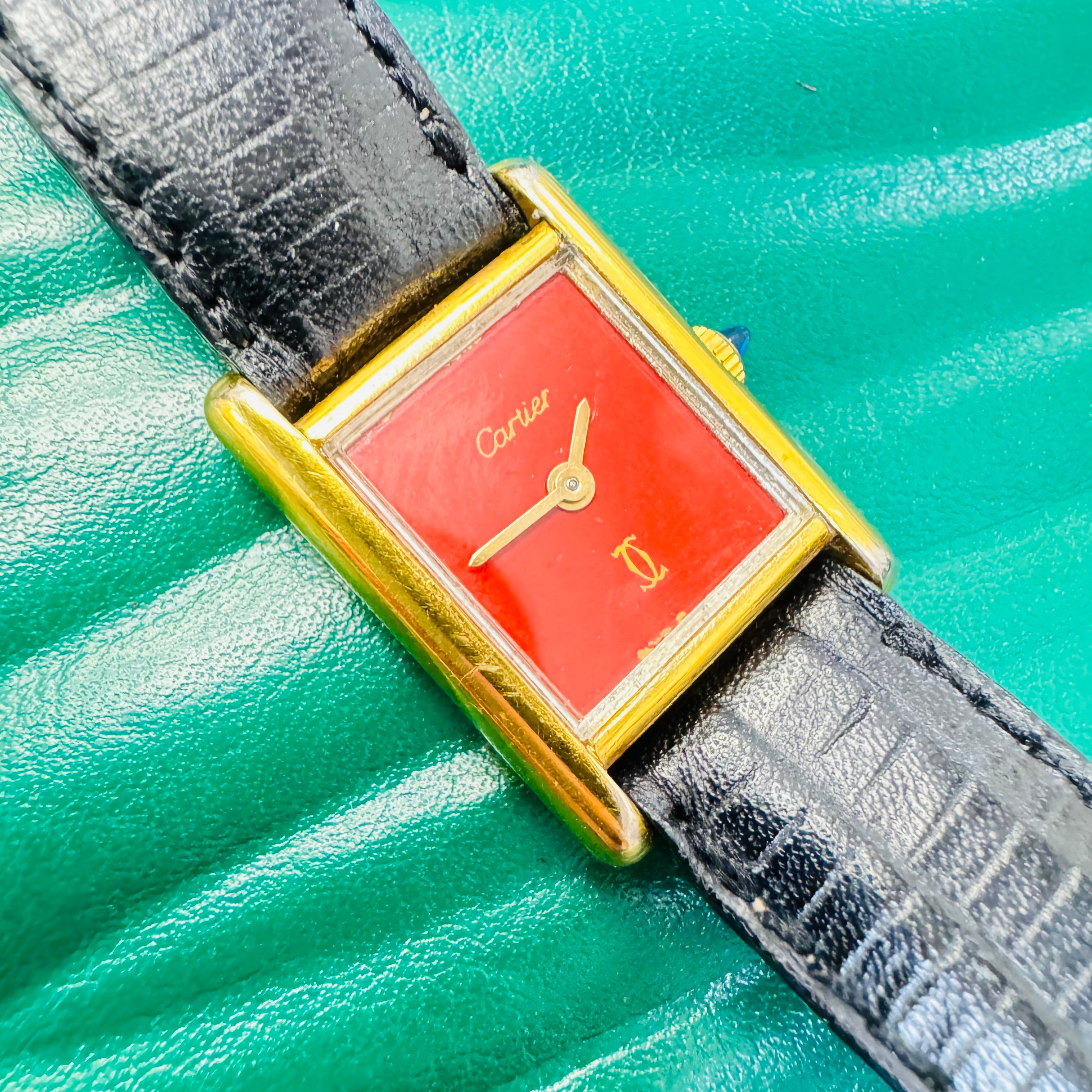 20mm Gold Vermeil Red Face Cartier Tank Wristwatch