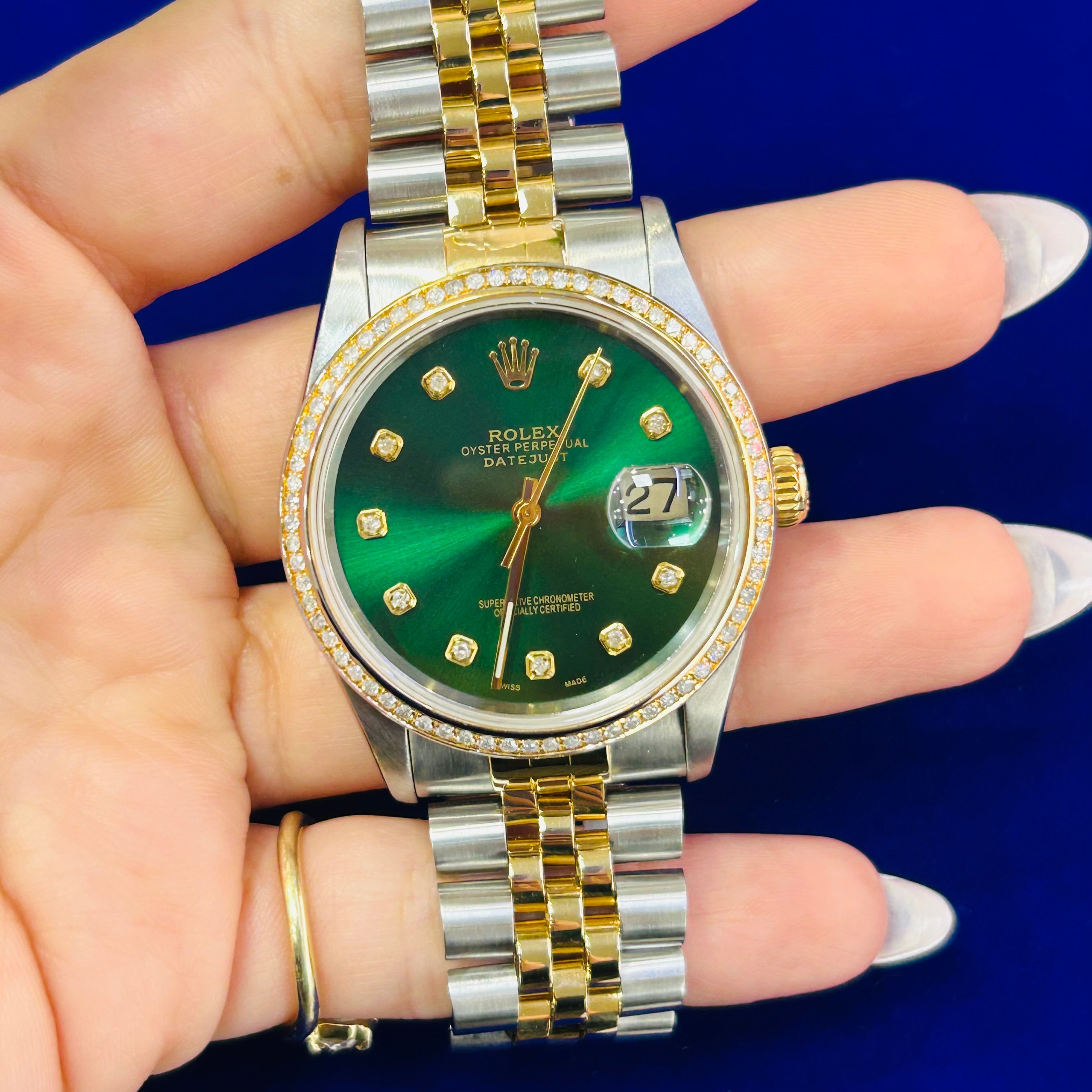 Rolex 36mm Datejust | Ref 16233 | Green Diamond Dial & Diamond Bezel | Jubilee 18k Yellow Gold & Stainless