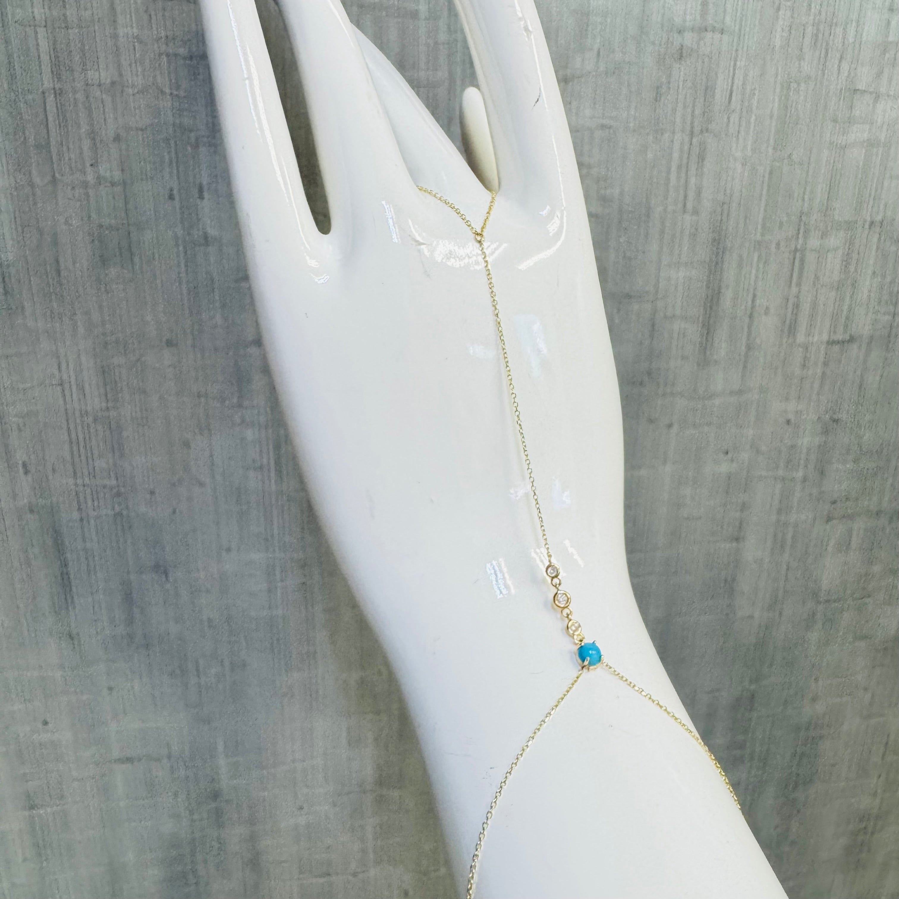 14K Yellow Gold Turquoise and  Diamond Handchain
