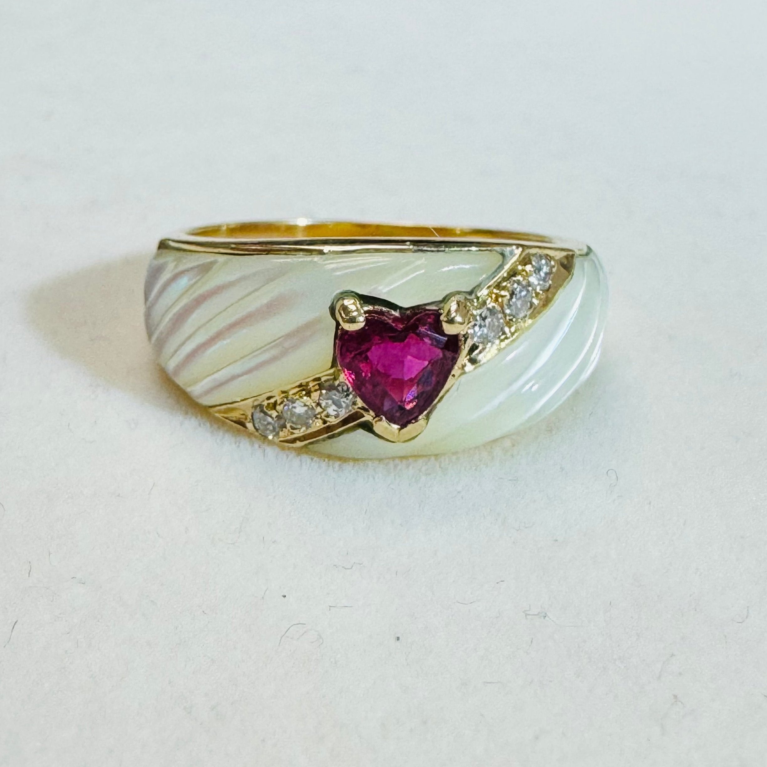 14k Yellow Gold Diamond Mother of Pearl and Ruby Heart Ring Size 7