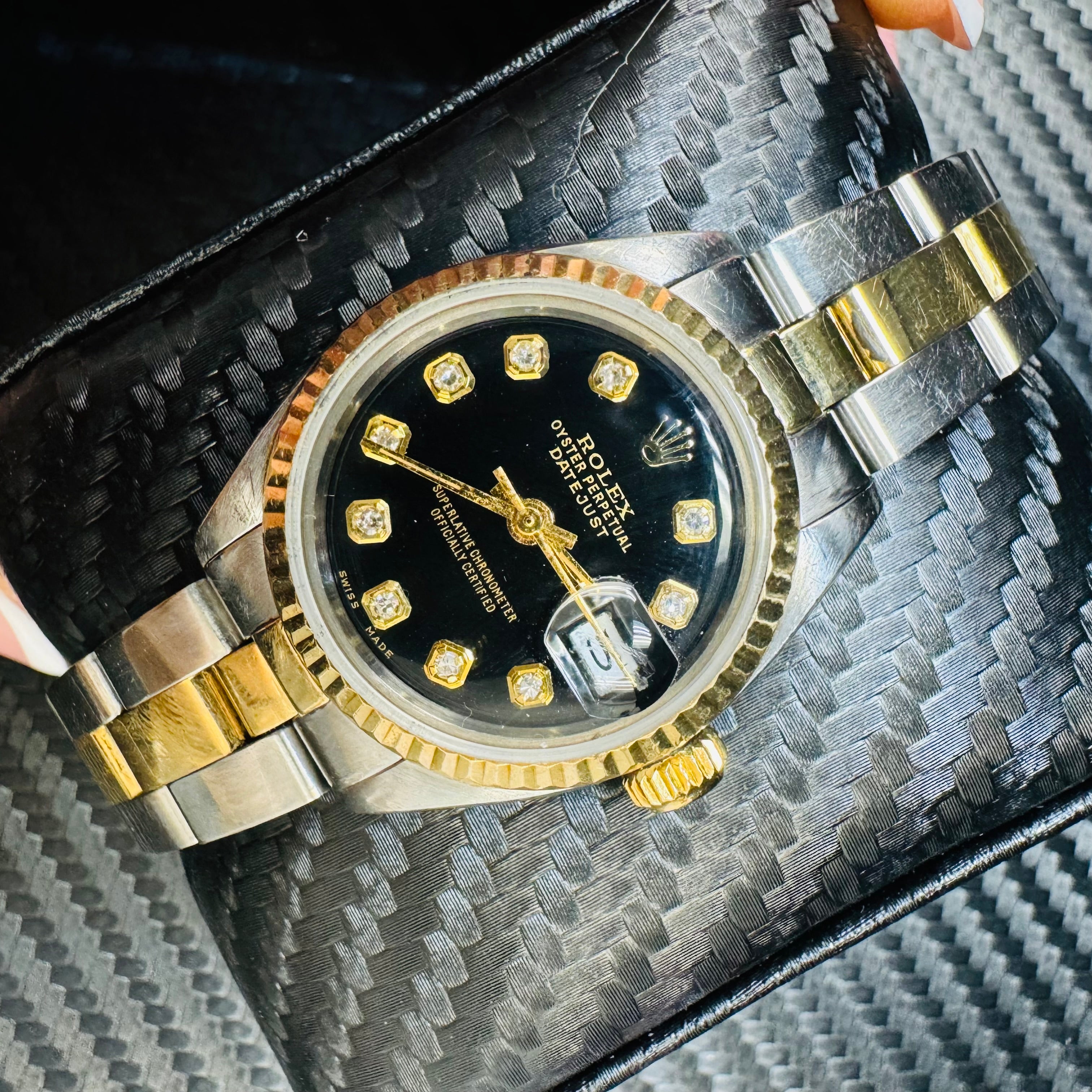 26mm Ladies Two Tone Rolex Oyster Band with Black Dial