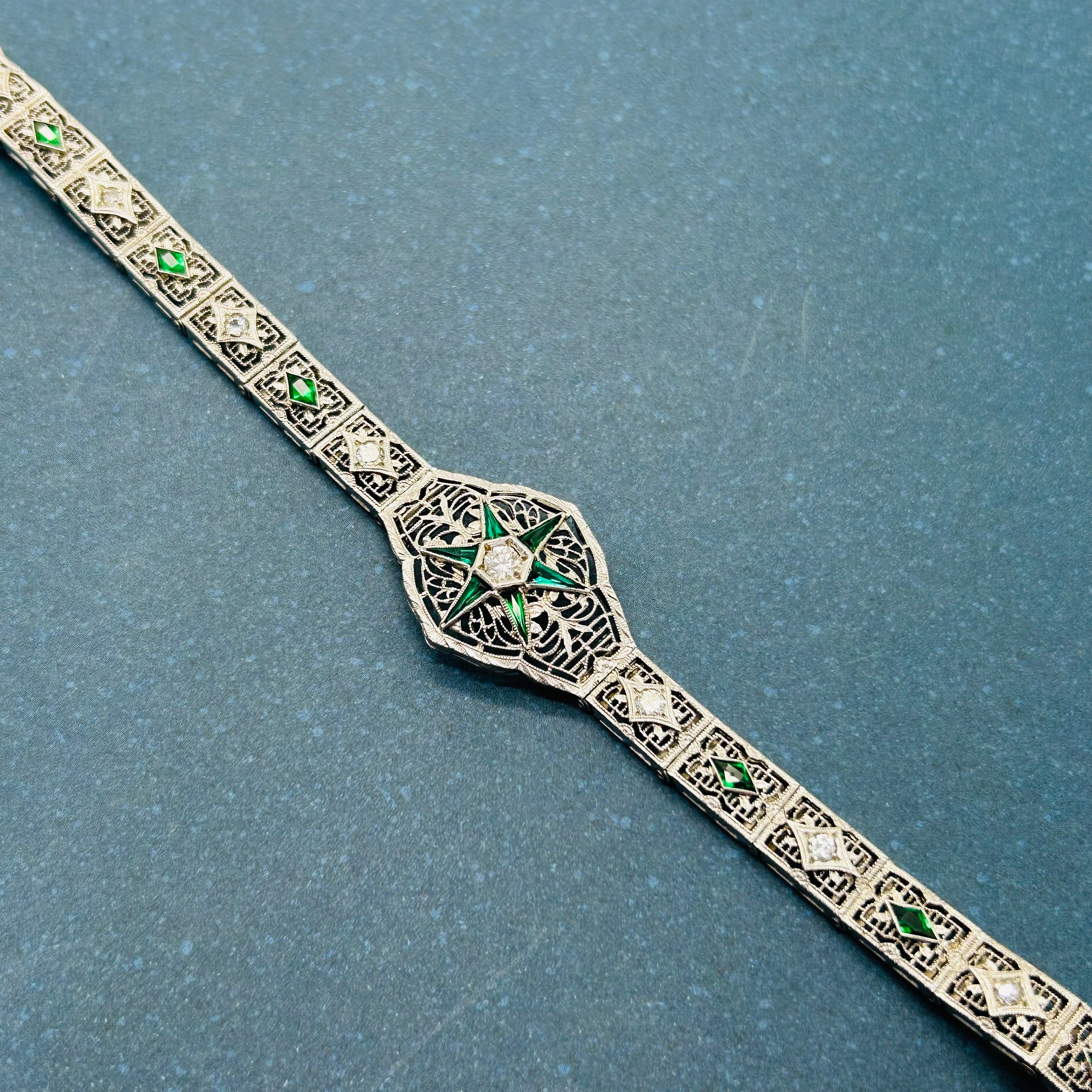 Art Deco 14K White Gold Natural Diamonds and Synthetic Emeralds 7” Bracelet