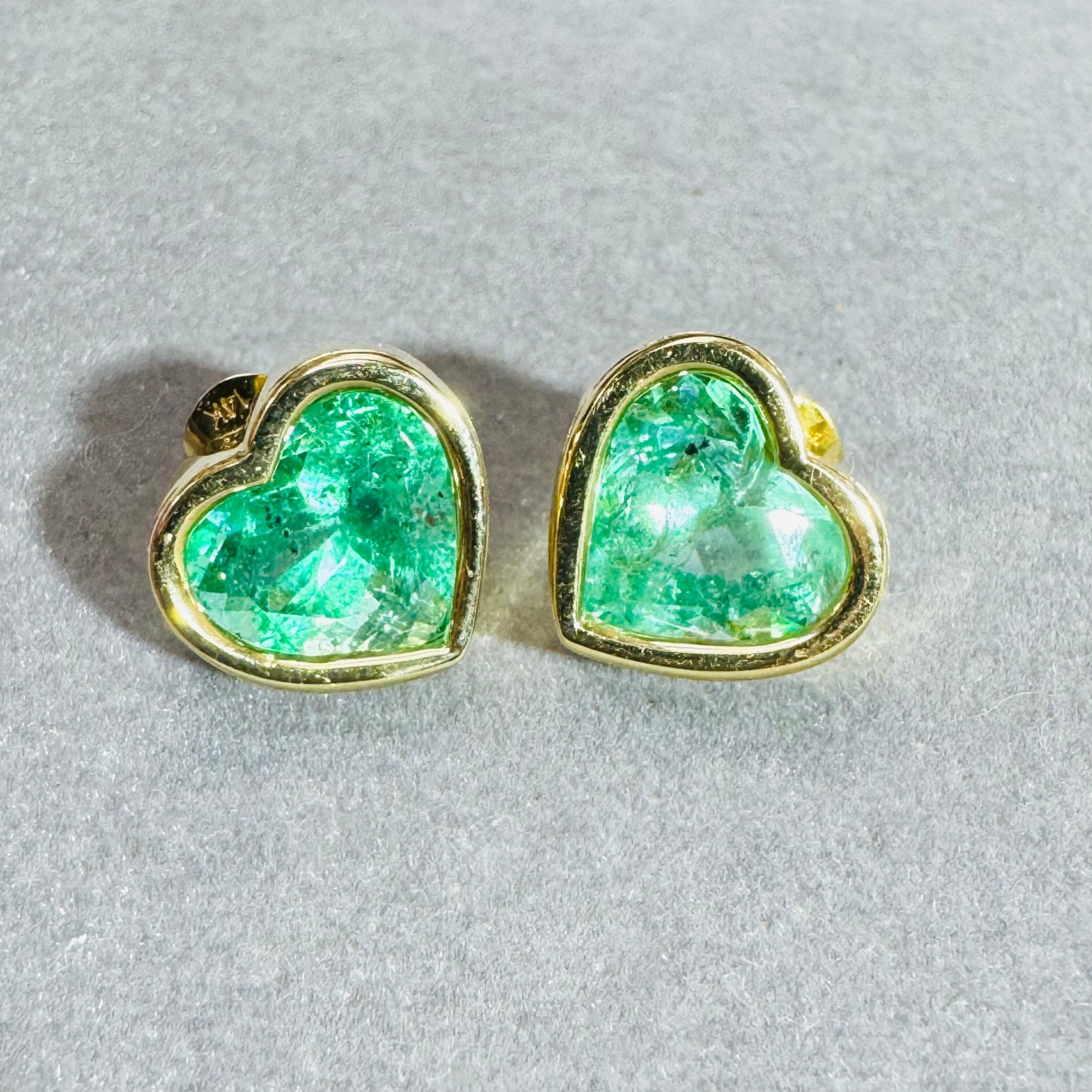 Natural 9CTW Colombian Emerald Heart Earrings 14K Yellow Gold