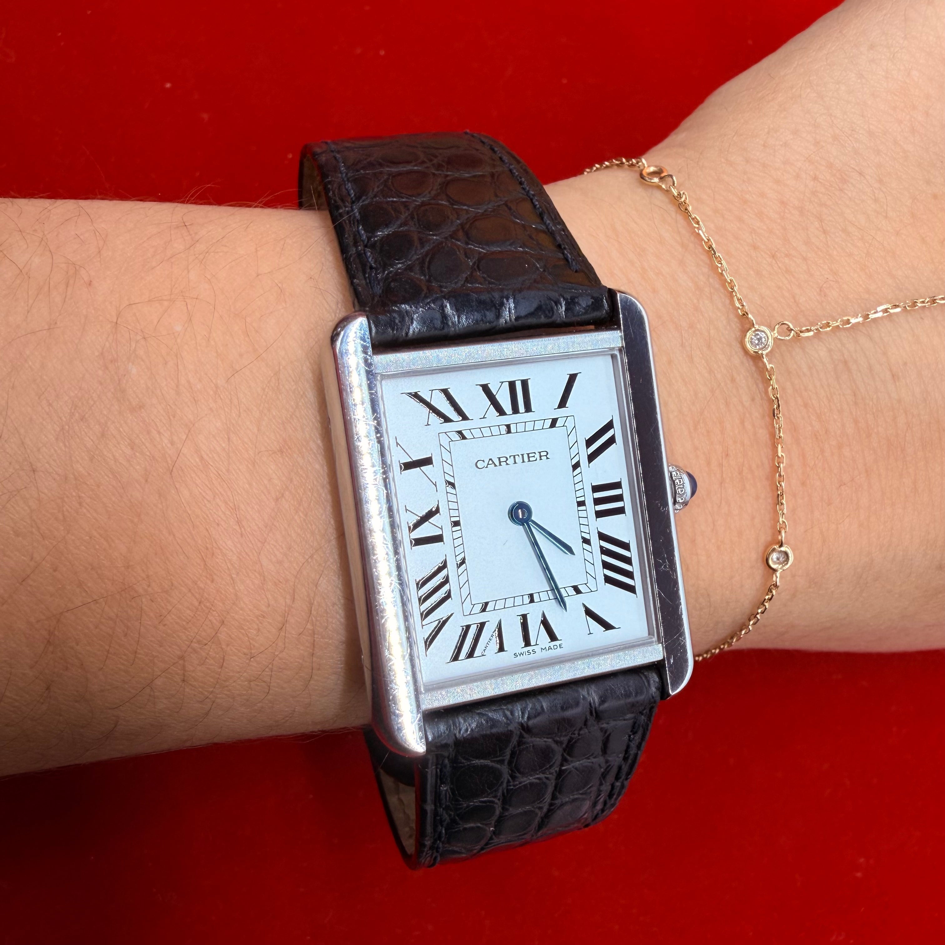 Cartier Tank Solo Large Stainless Steel Black Leather Band Ref.2823 size 7.25”