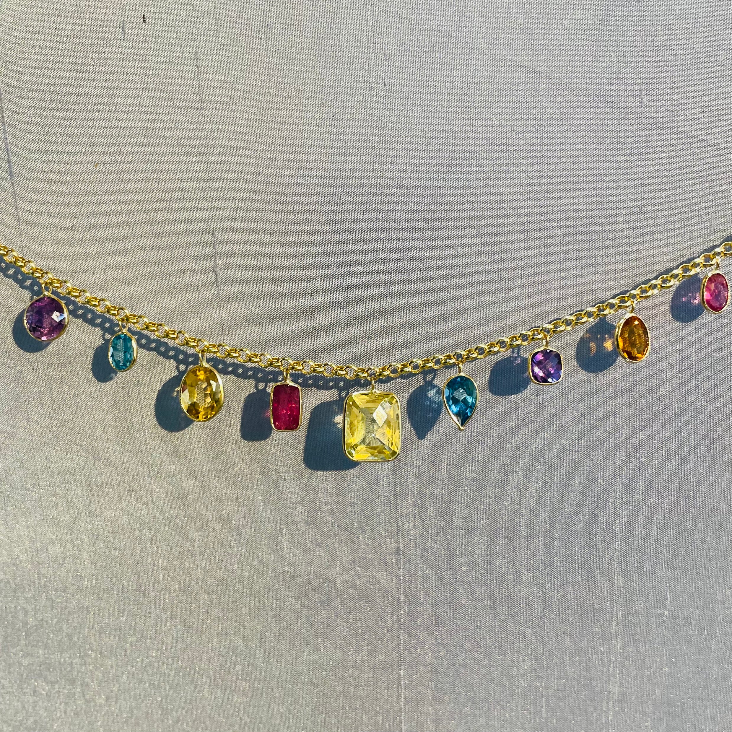 Bright and Colorful! Solid 14K Yellow Gold Gem Charm Necklace with Pink Tourmaline Topaz Citrine Aquamarine, and Amethyst Custom