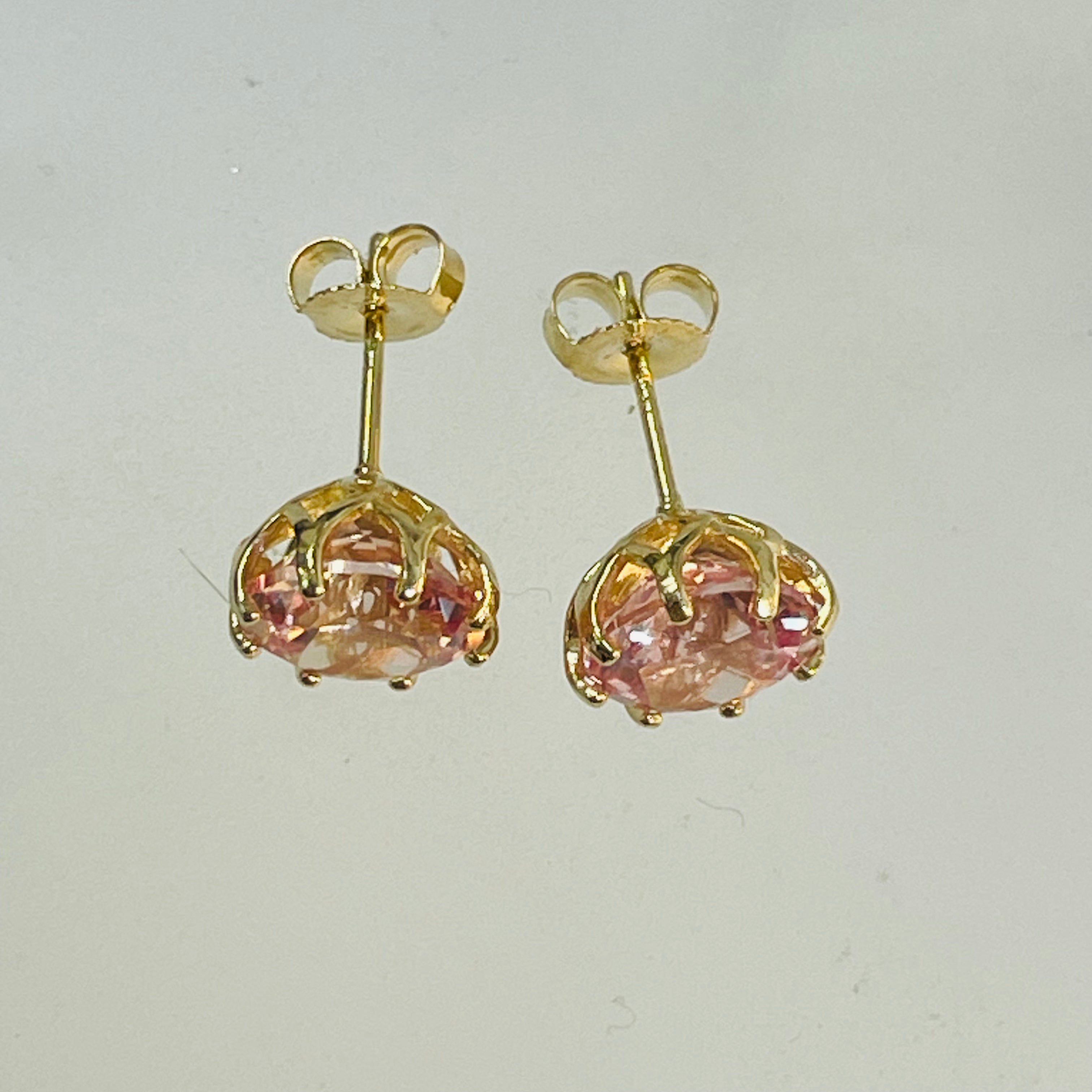 Natural Pink Morganite 9mm Solid 14K Yellow Gold Stud Earrings