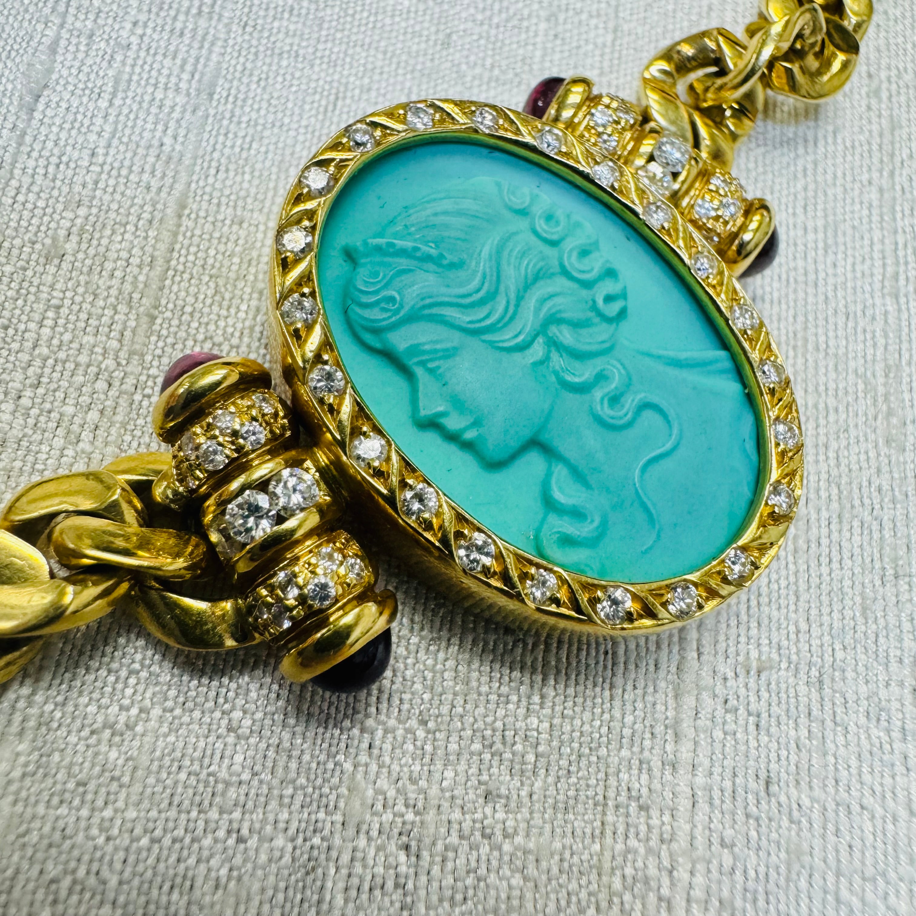 Vintage Persian Turquoise Cameo Necklace on  a Tapered Curb Link Solid 18K Gold