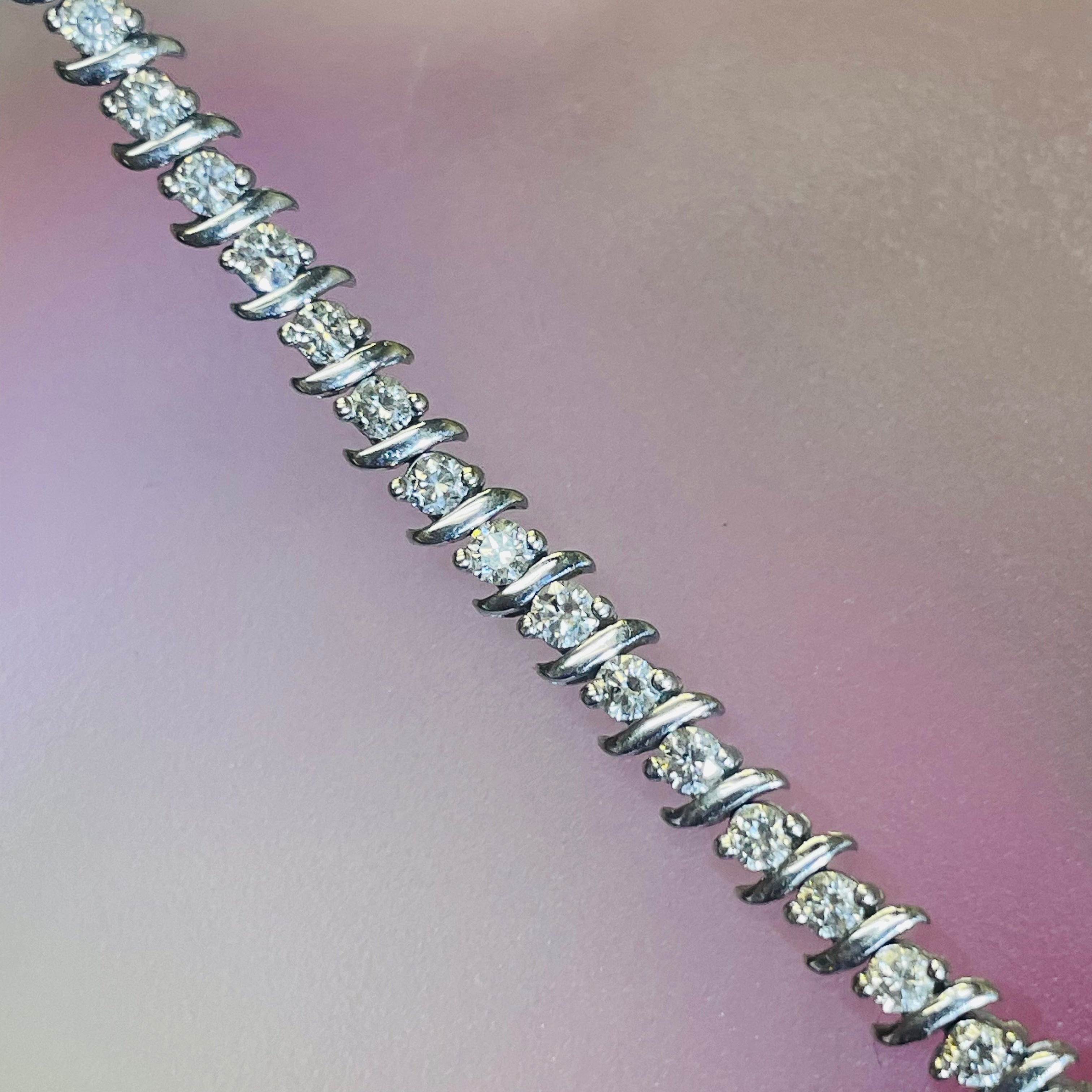 14K White Gold 1.55CT Natural Diamond Vintage S Link Tennis Bracelet 6.5"