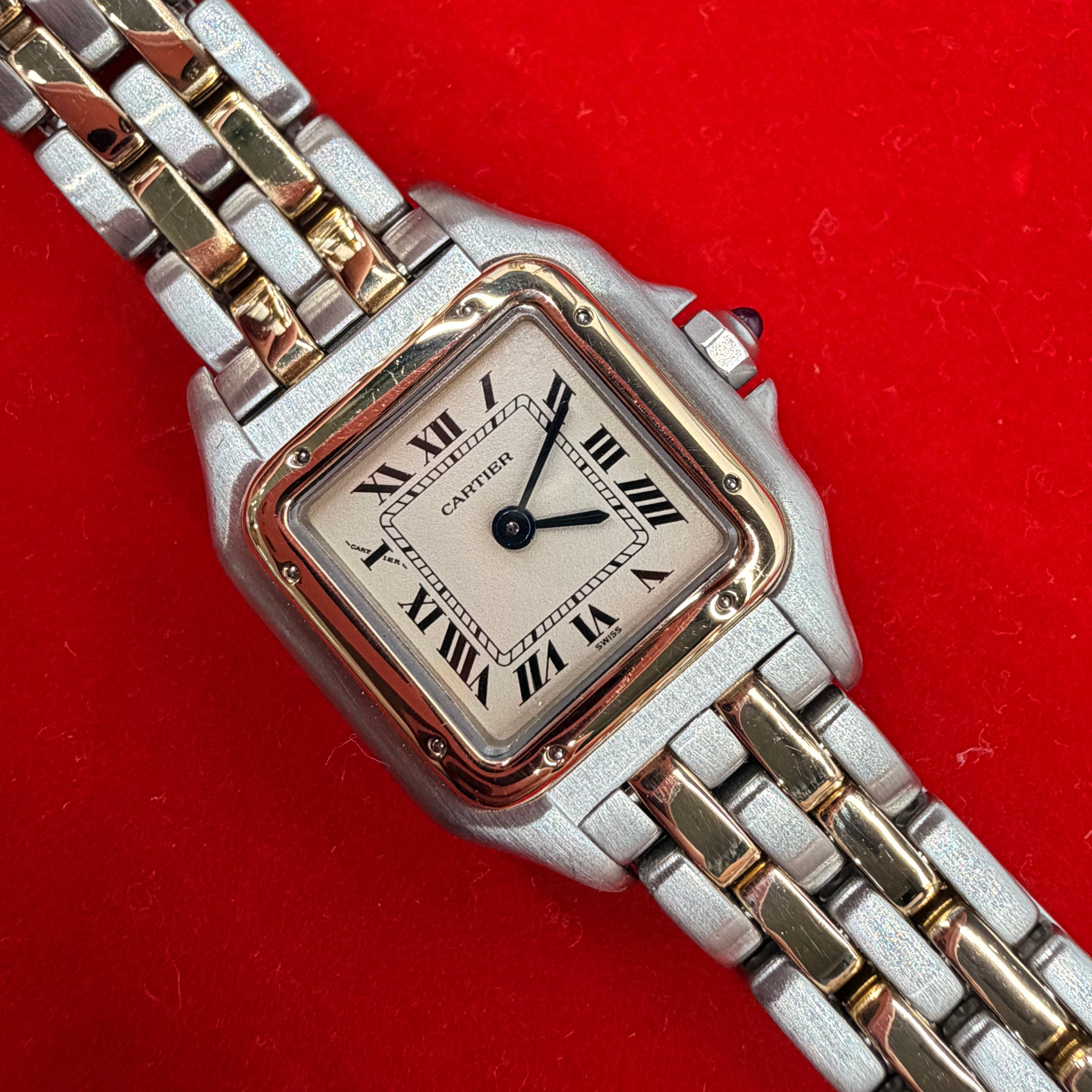 Vintage 18K Yellow Gold & Stainless Steel Small Panthere Quartz Wrist Watch Two Row Gold