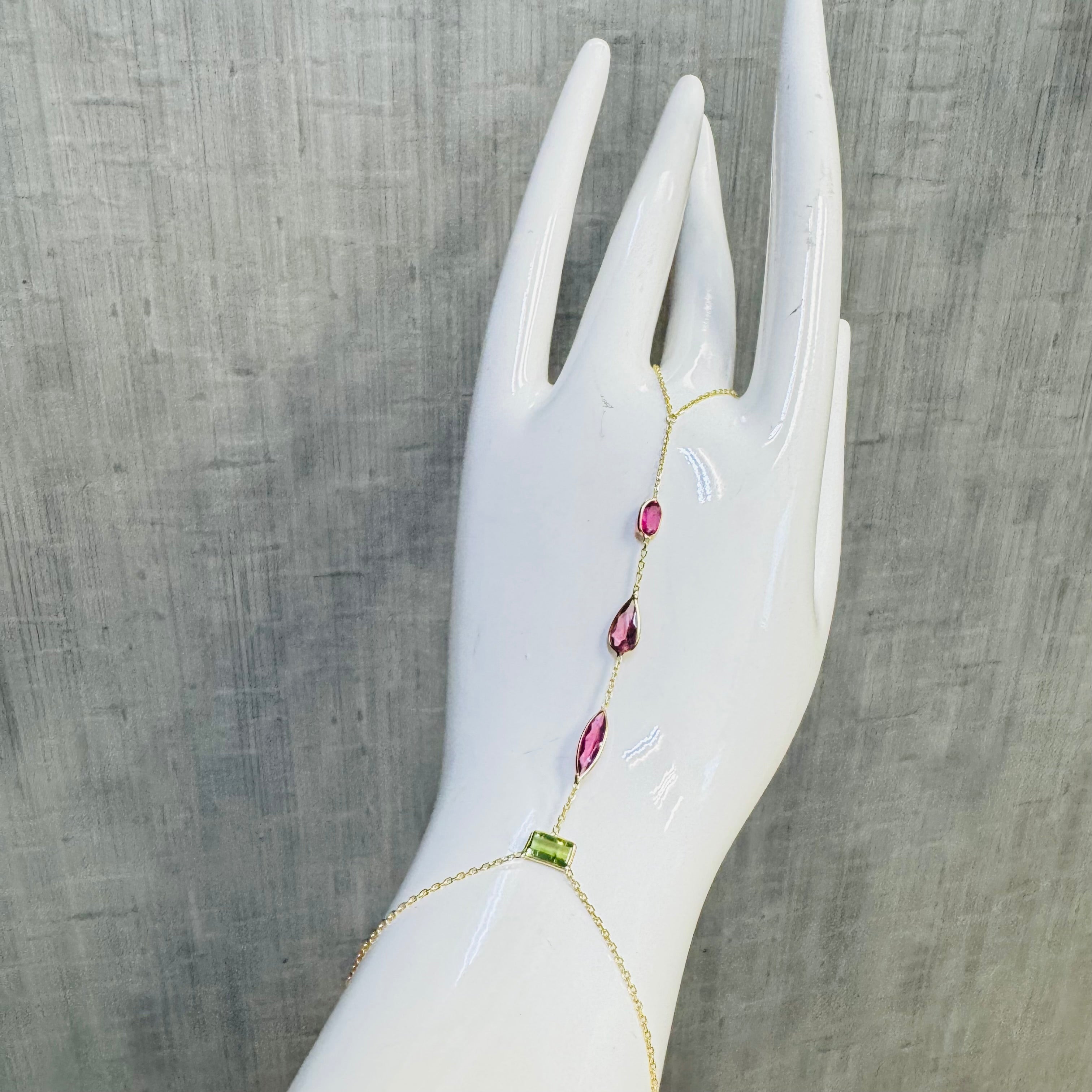 14K Yellow Gold Multi Green and Pink Tourmaline Handchain