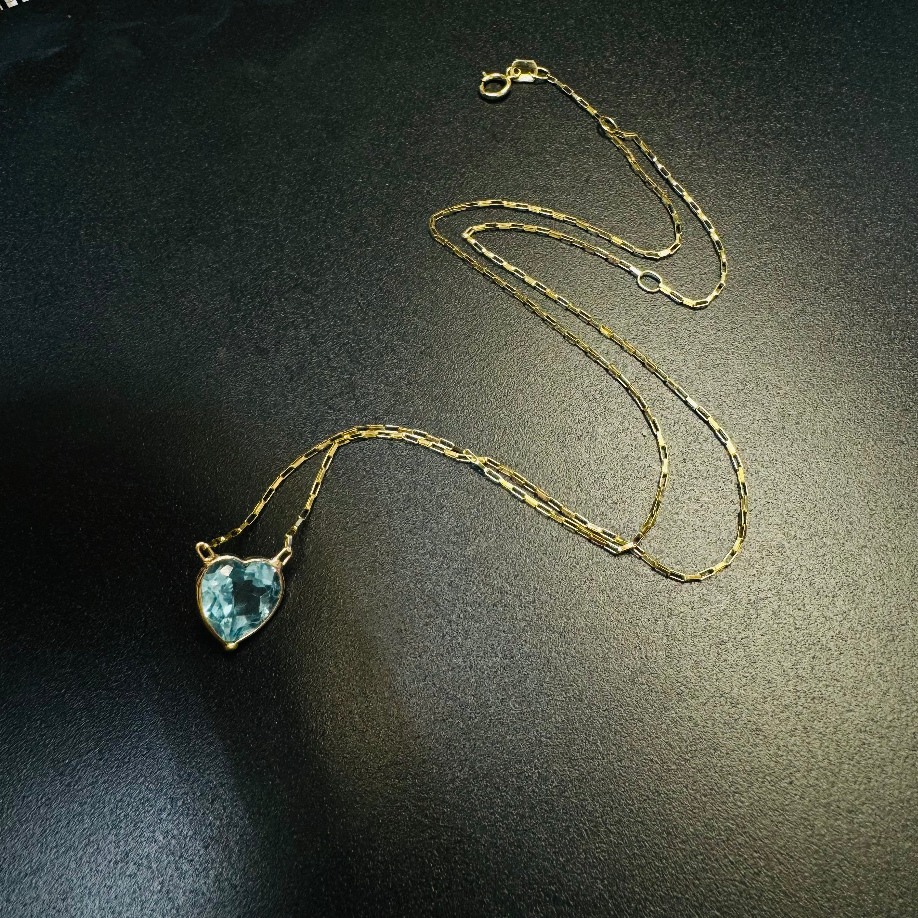 Natural Heart Blue Topaz 14K Yellow Gold Solitaire Necklace 16”- 18"