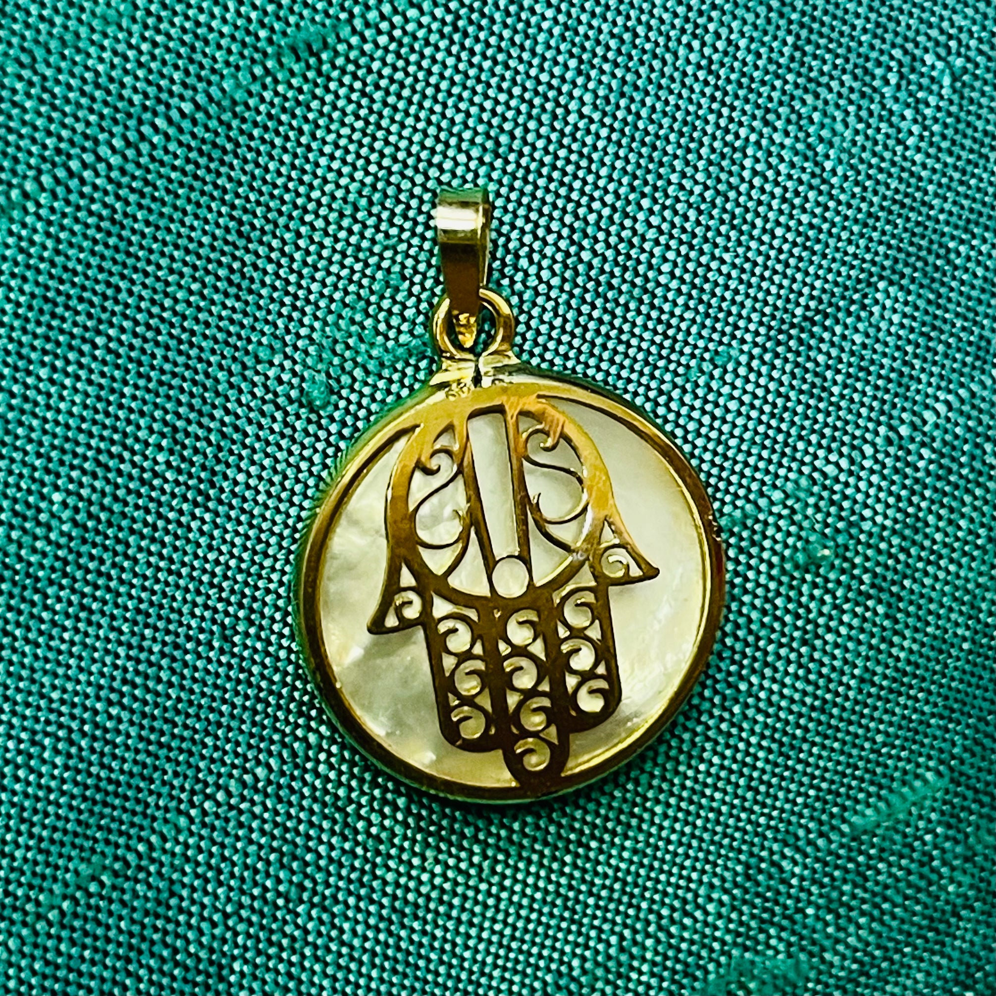 Solid 14K Yellow Gold and Mother of Pearl Hamsa Pendant