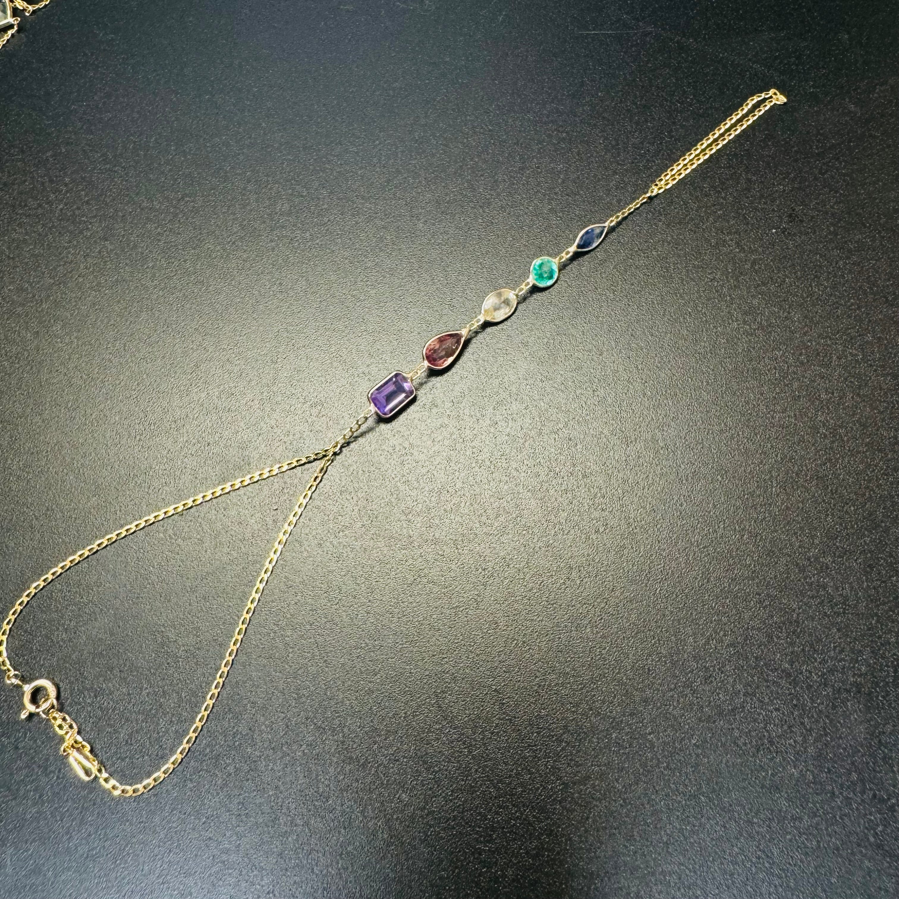 Multi Gem 14K Yellow Gold Curb Link Handchain