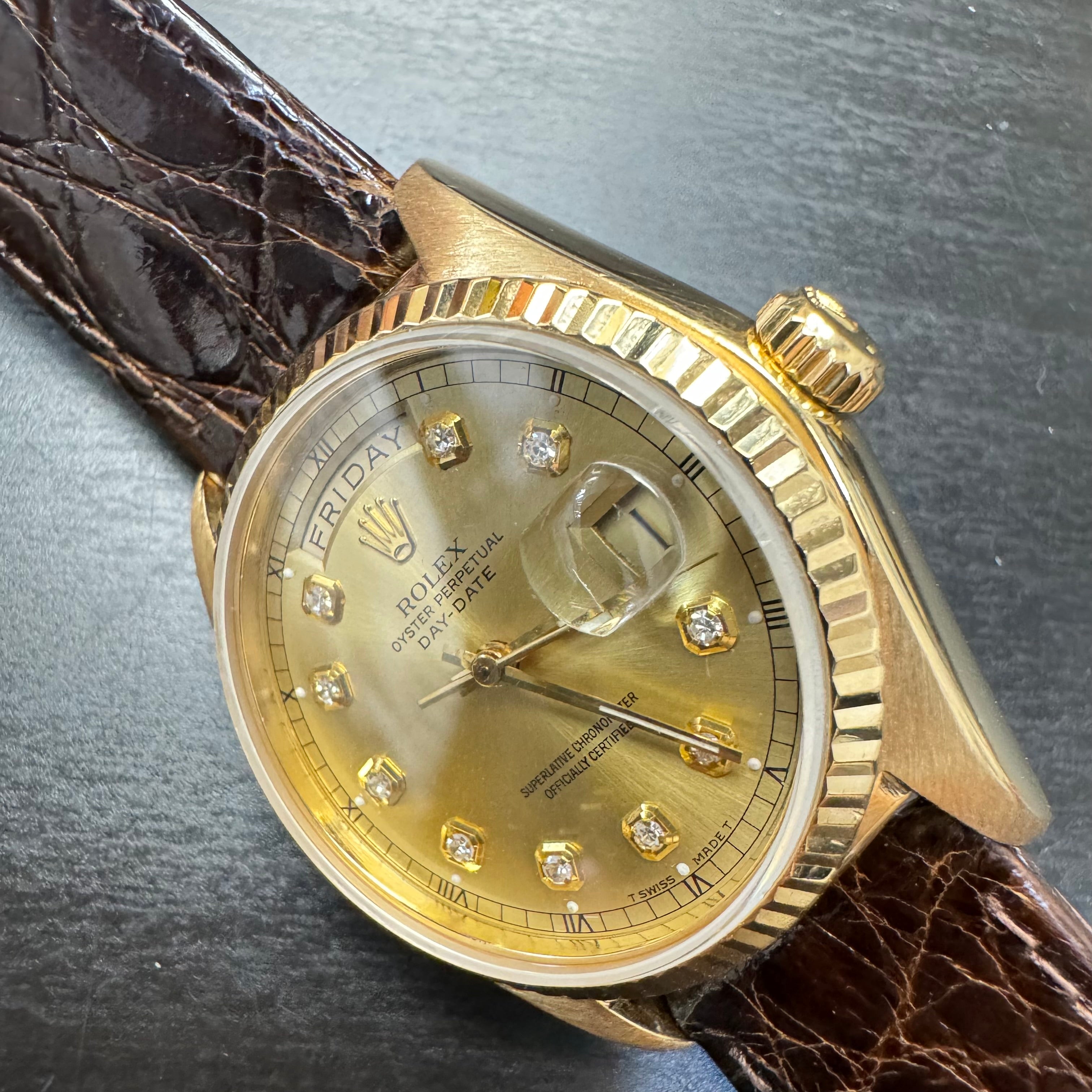 36mm 18K Yellow Gold Day Date Rolex President Watch with Leather Strap 1988