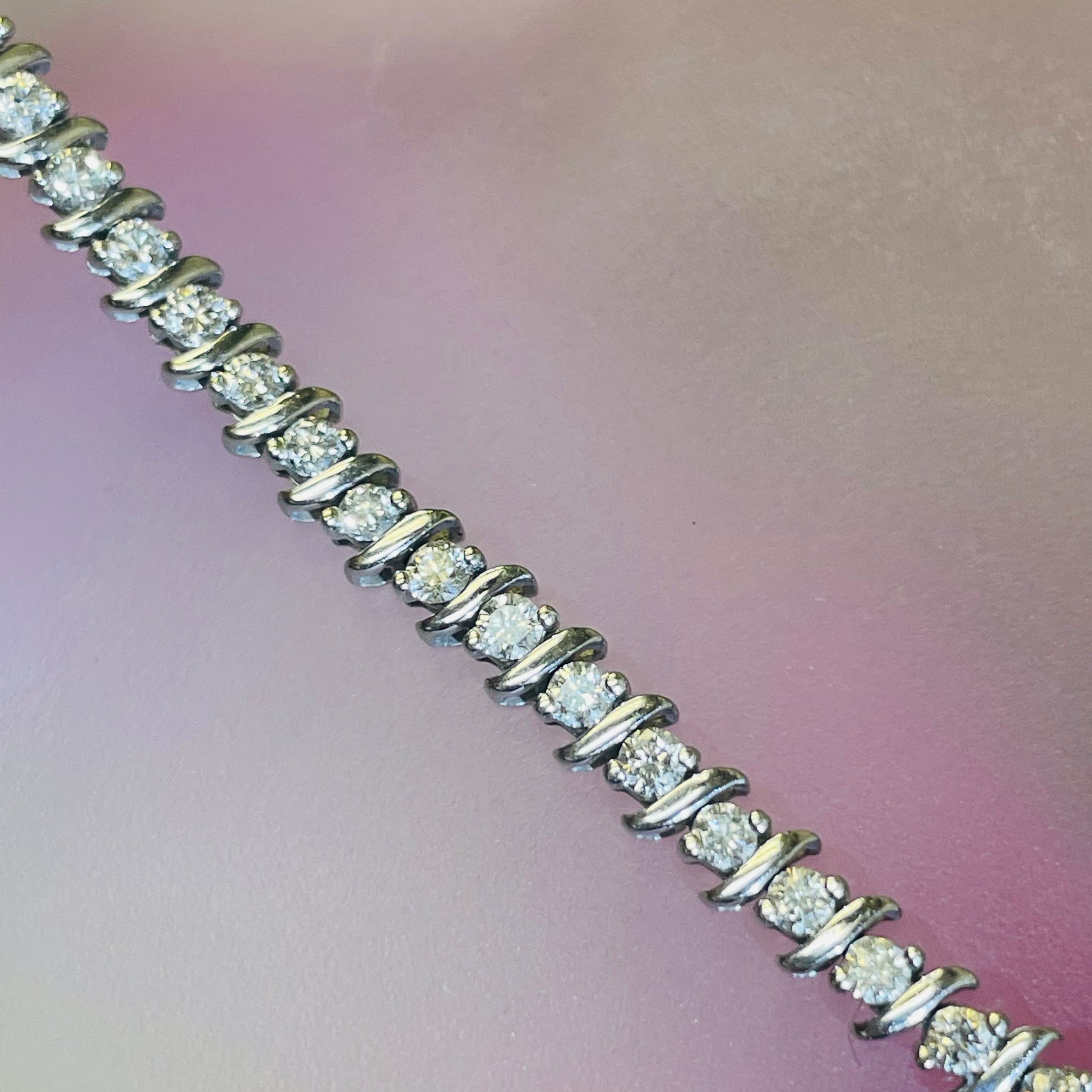 14K White Gold 1.55CT Natural Diamond Vintage S Link Tennis Bracelet 6.5"