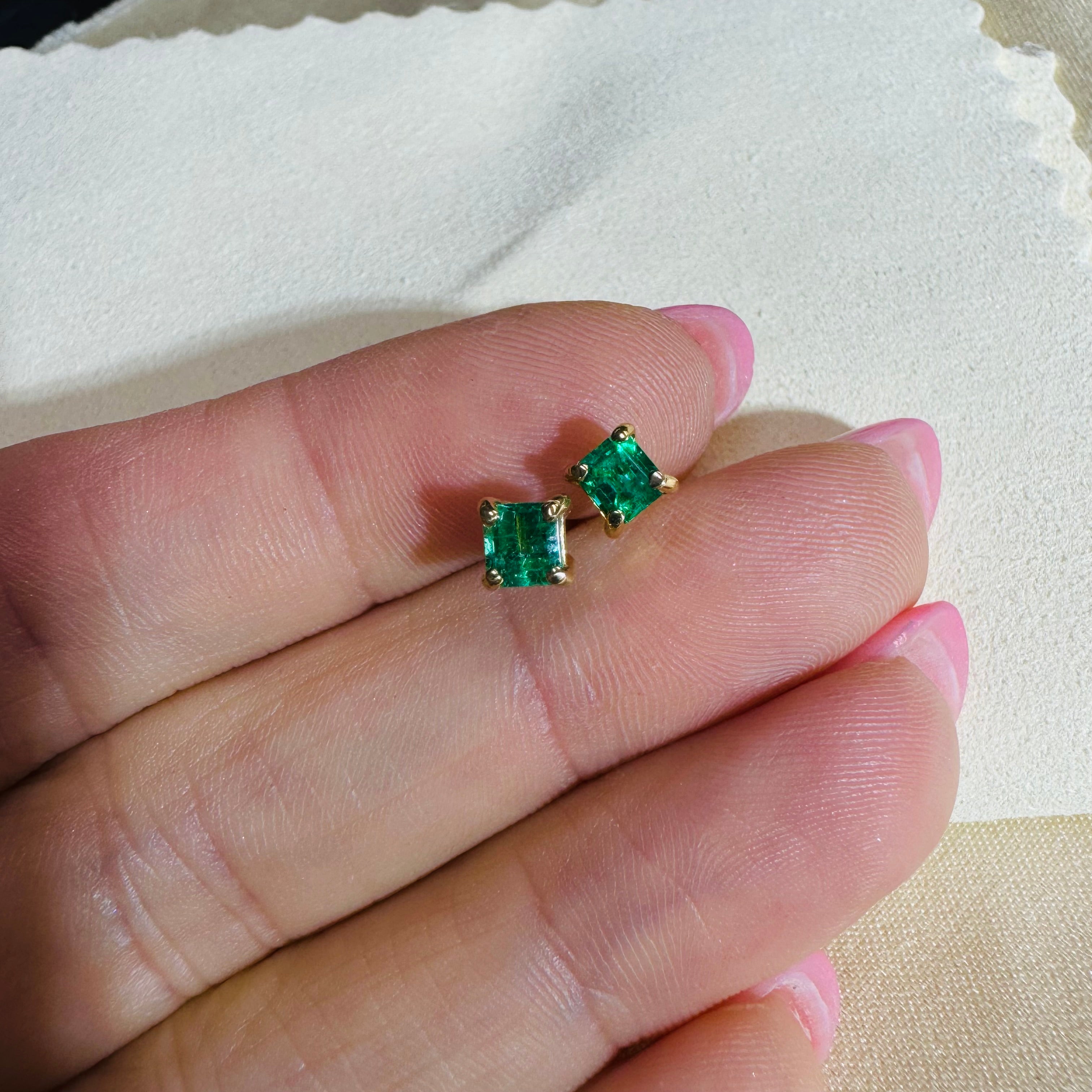 14K Yellow Gold Colombian Emerald Stud Earrings 5x5mm