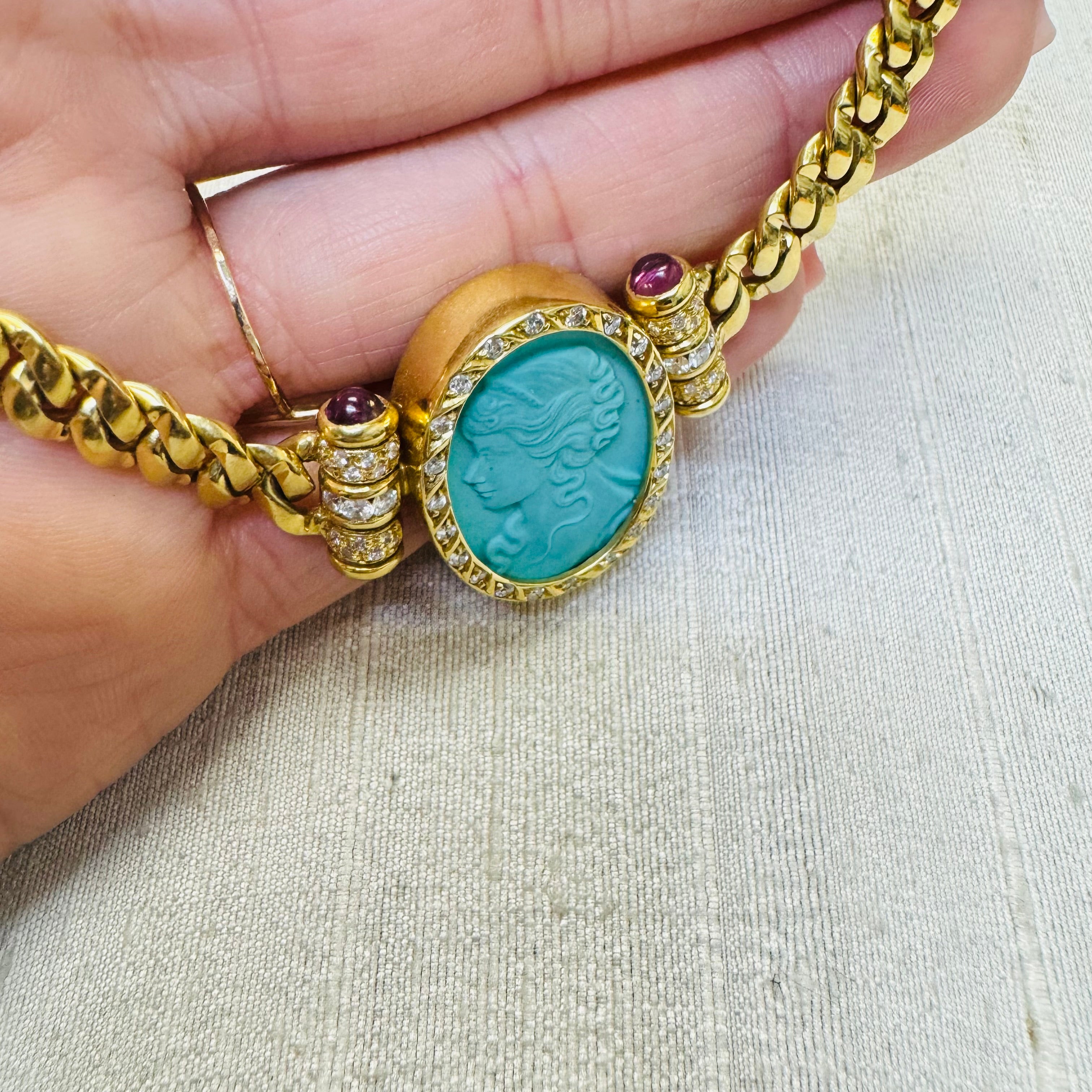 Vintage Persian Turquoise Cameo Necklace on  a Tapered Curb Link Solid 18K Gold