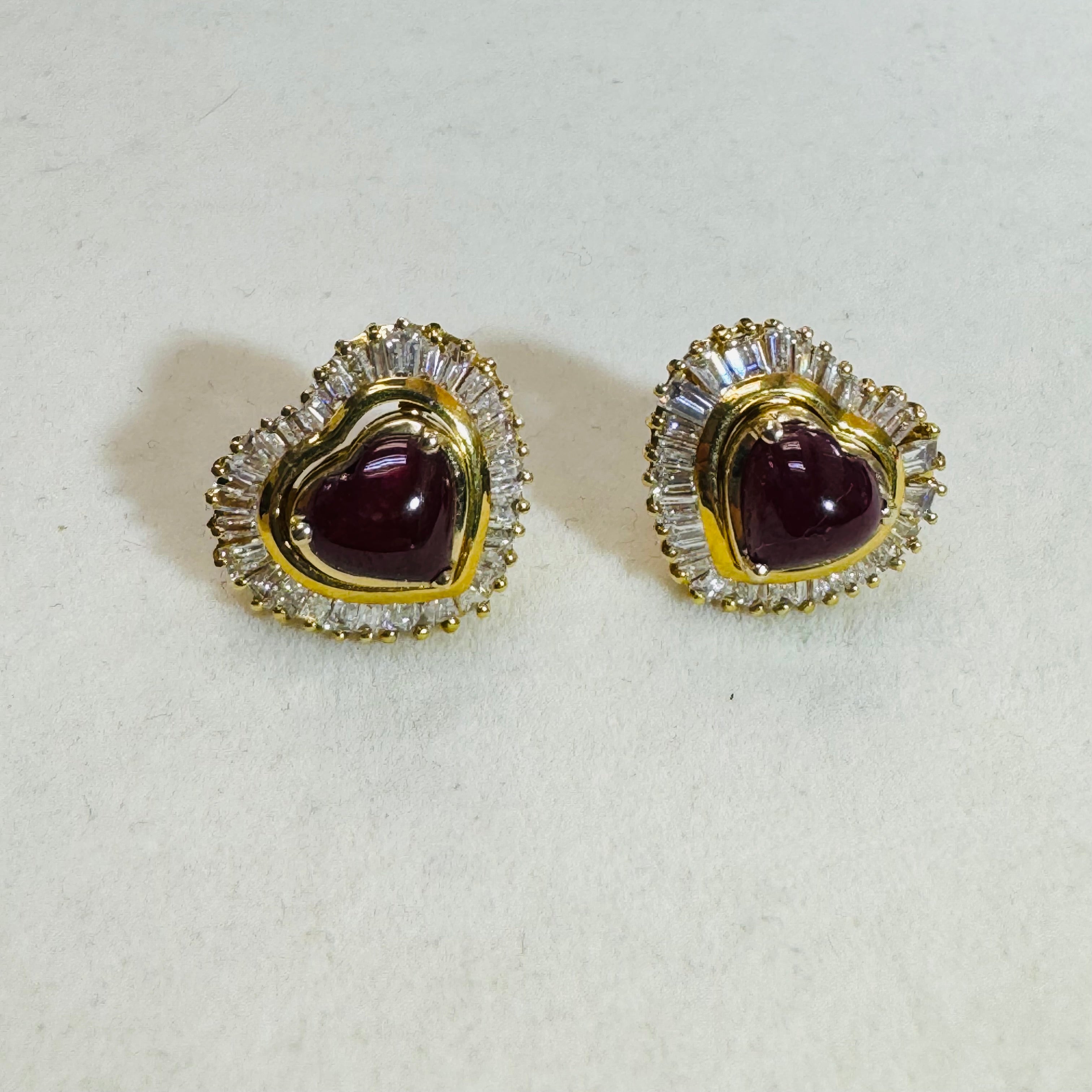 Natural Baguette Diamond and Ruby Cabochon 18K Yellow Gold Stud Earrings Convertible with Jackets