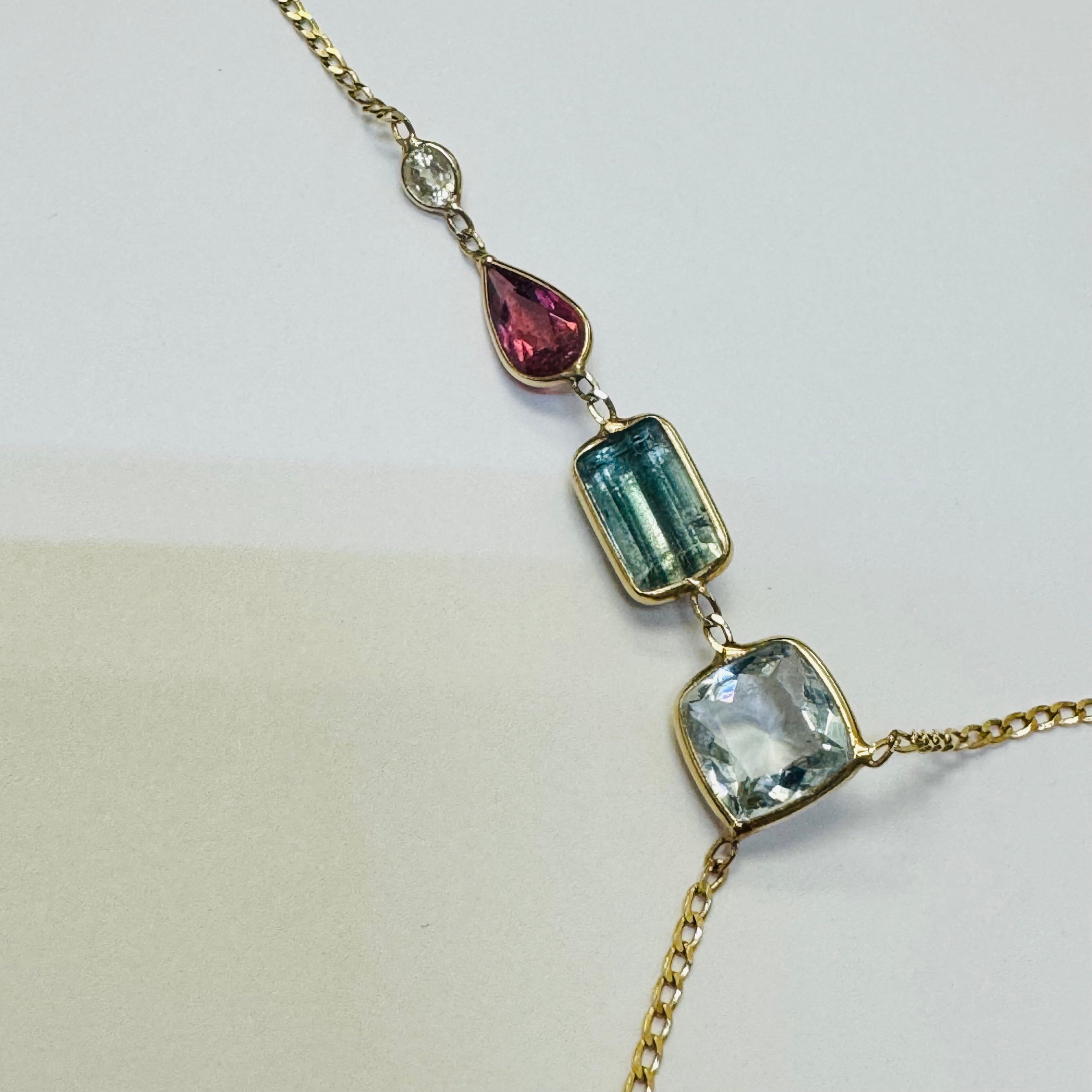14K Yellow Gold Sapphire Aquamarine Tourmaline Handchain