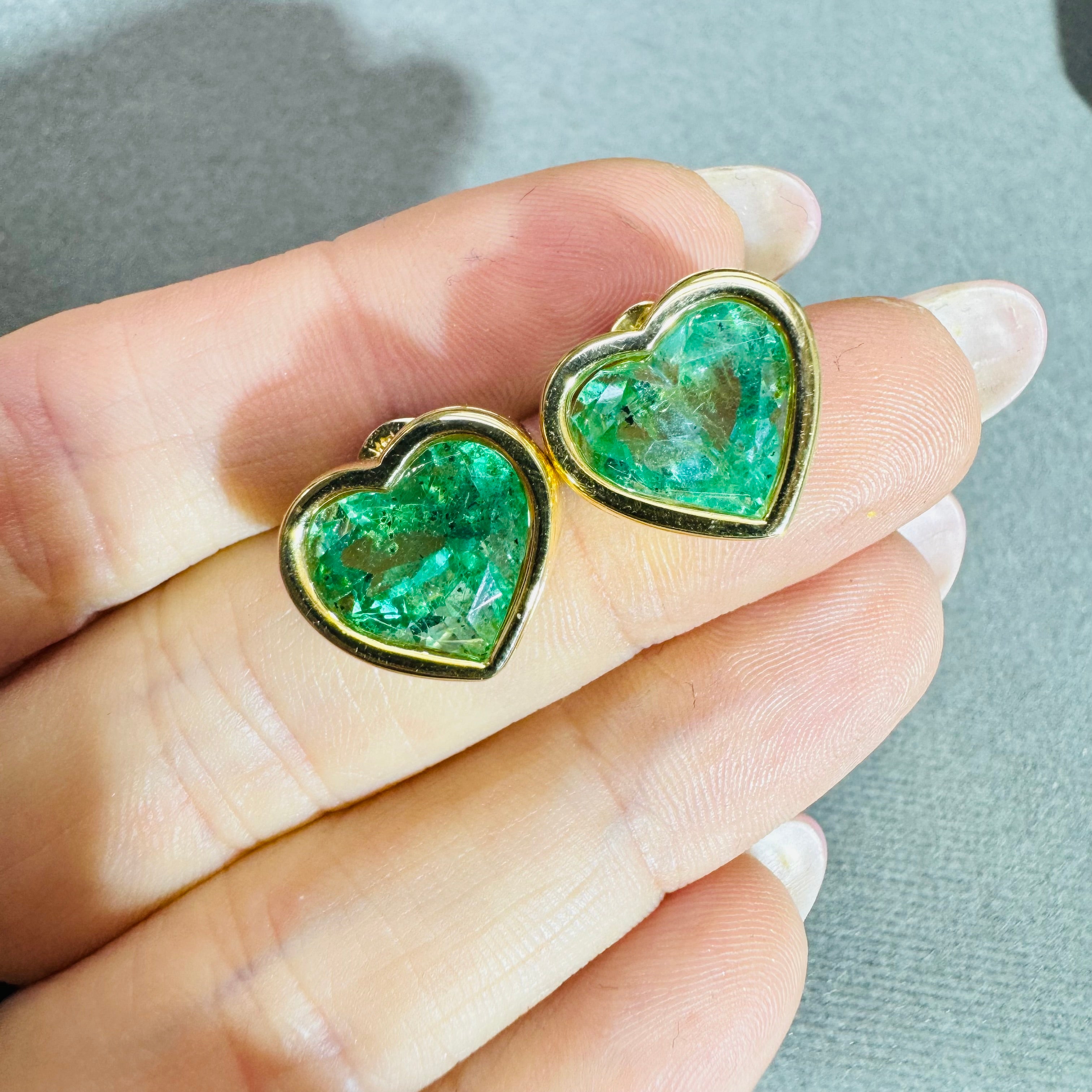 Natural 9CTW Colombian Emerald Heart Earrings 14K Yellow Gold