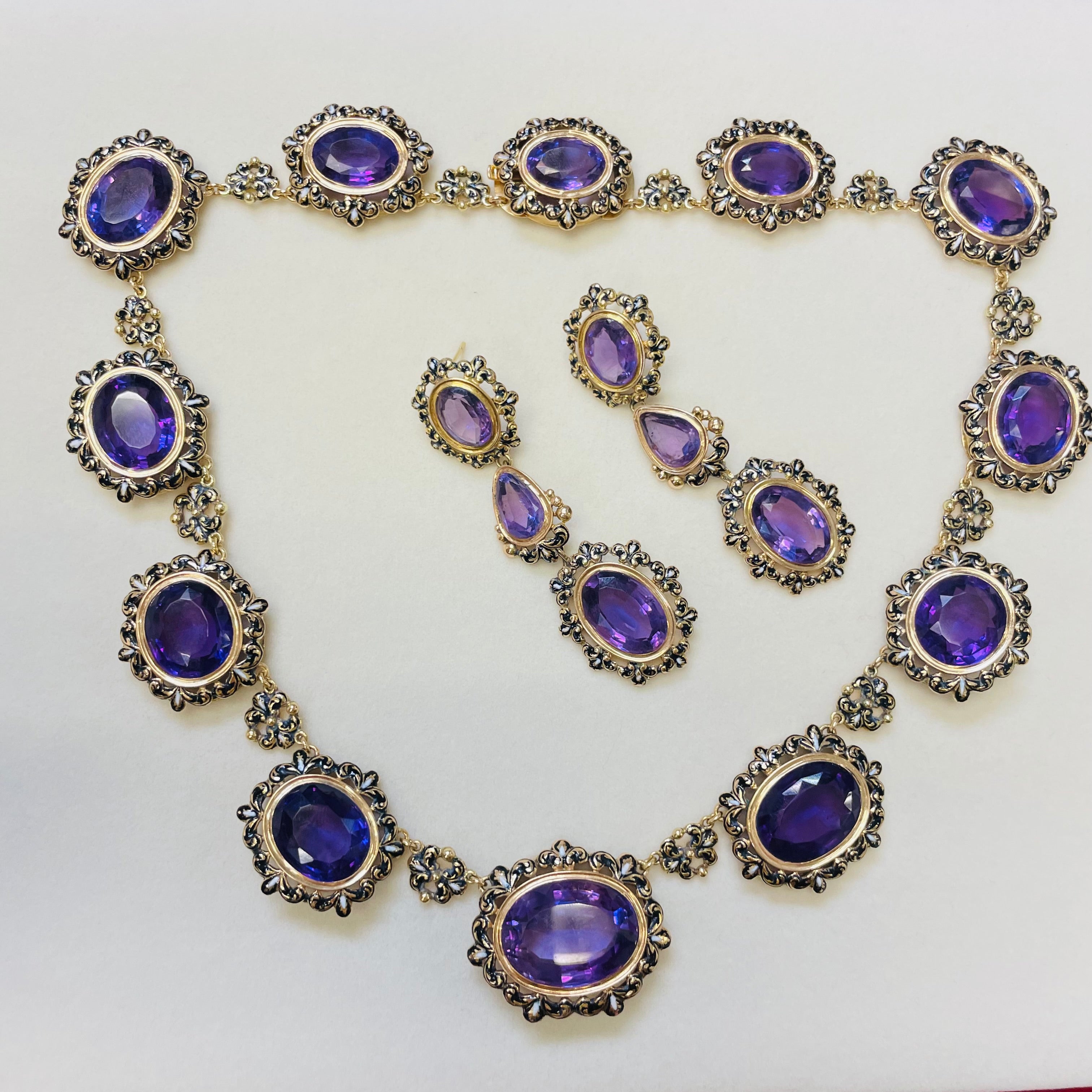 Magnifient! Victorian Necklace Earring Festoon Set 14K Gold Enamel and Amethyst