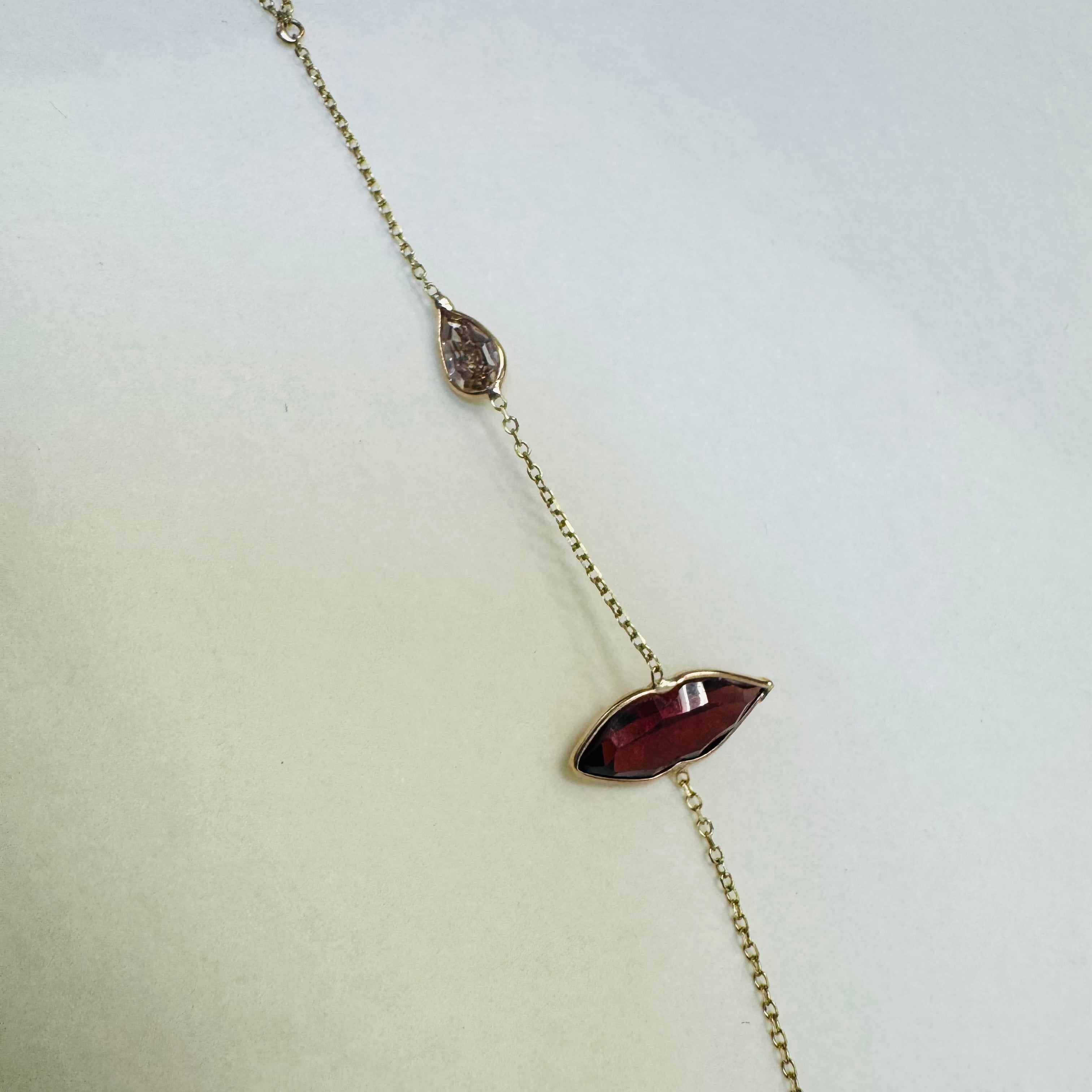 14K Yellow Gold Lip Garnet and Diamond Handchain