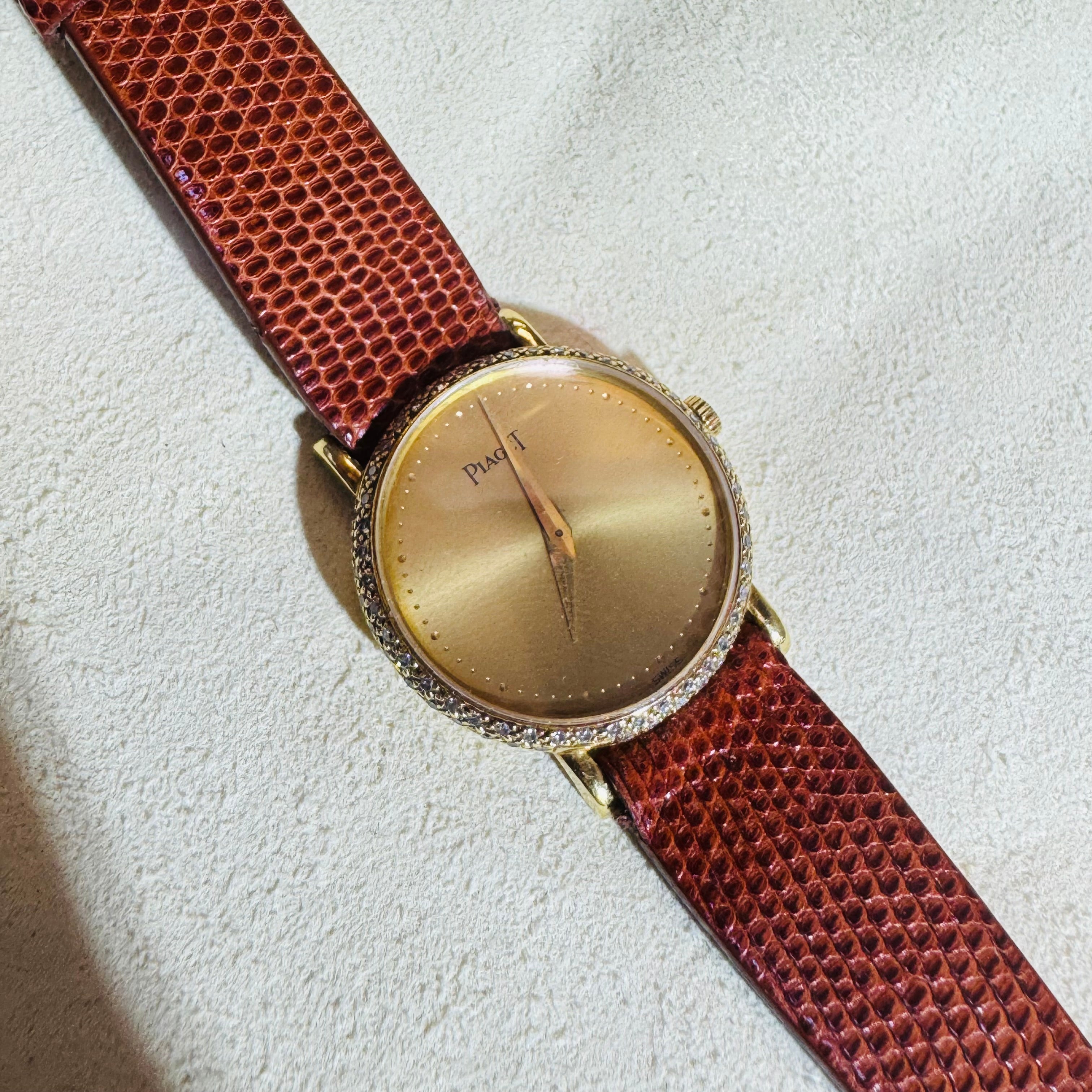 25mm 18K Yellow Gold Diamond Bezel Piaget with Leather Strap