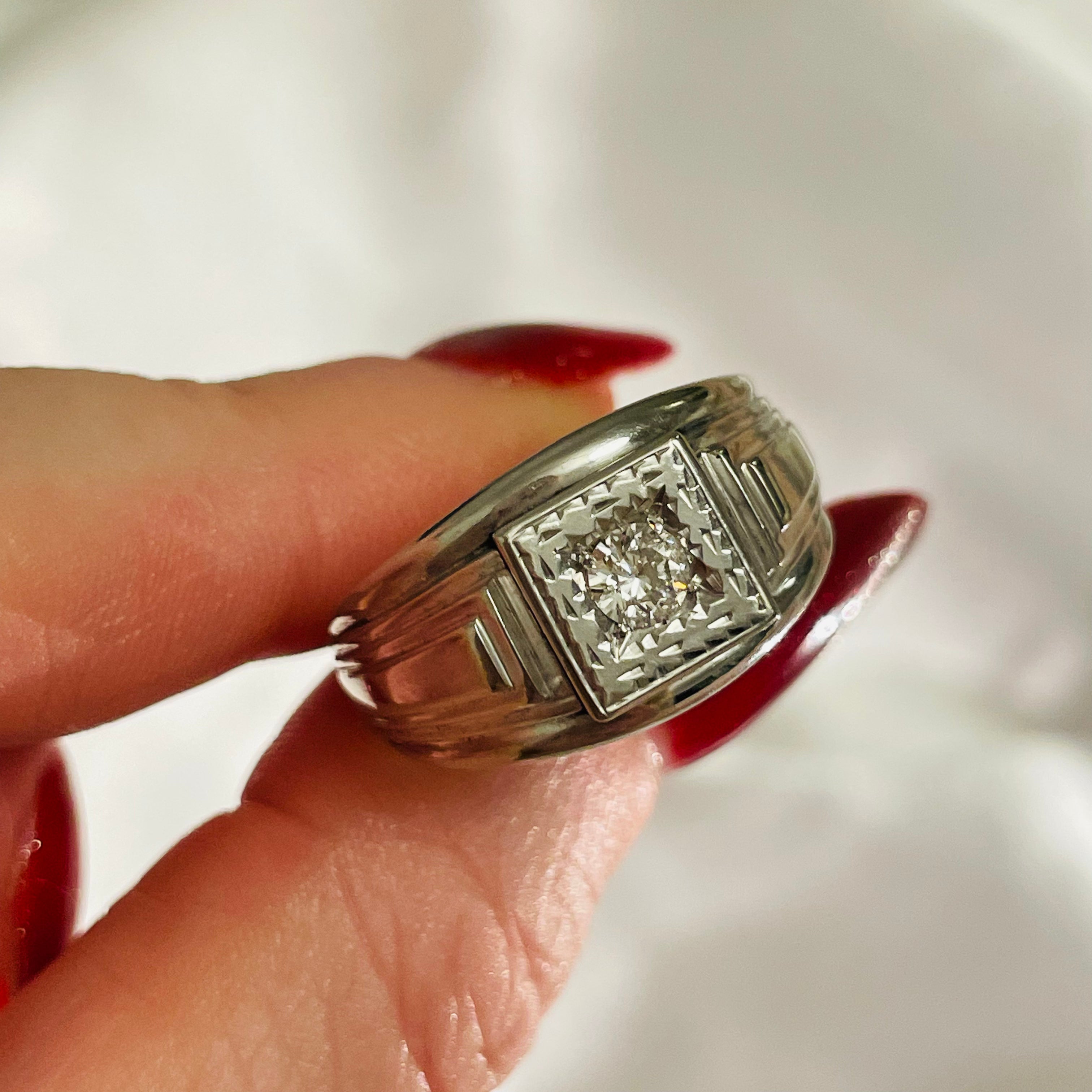 18K White Gold Diamond Men’s Art Deco Antique Ring Size 10