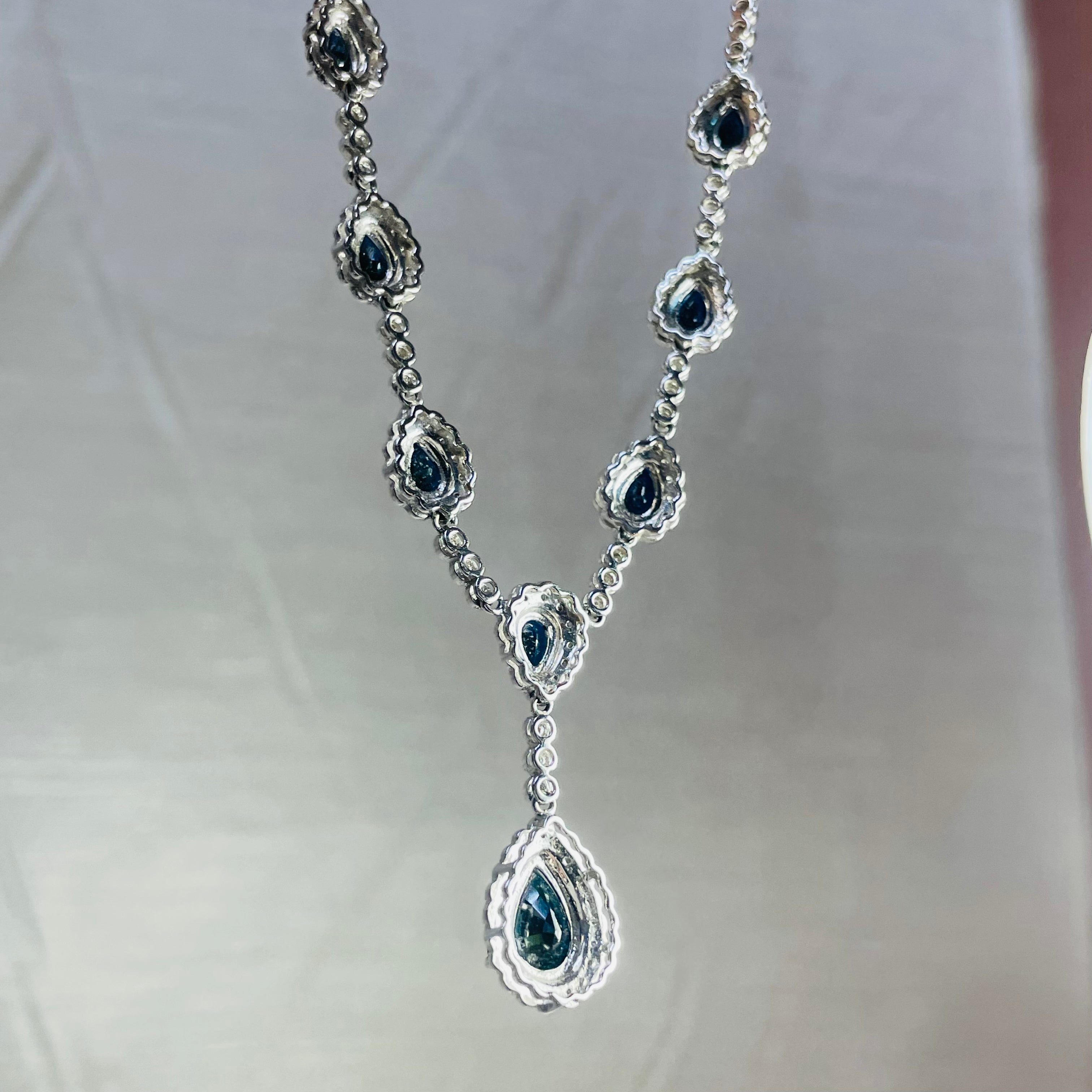 6.5CTW Sapphire and Diamond Festoon Drop Necklace 14K White Gold