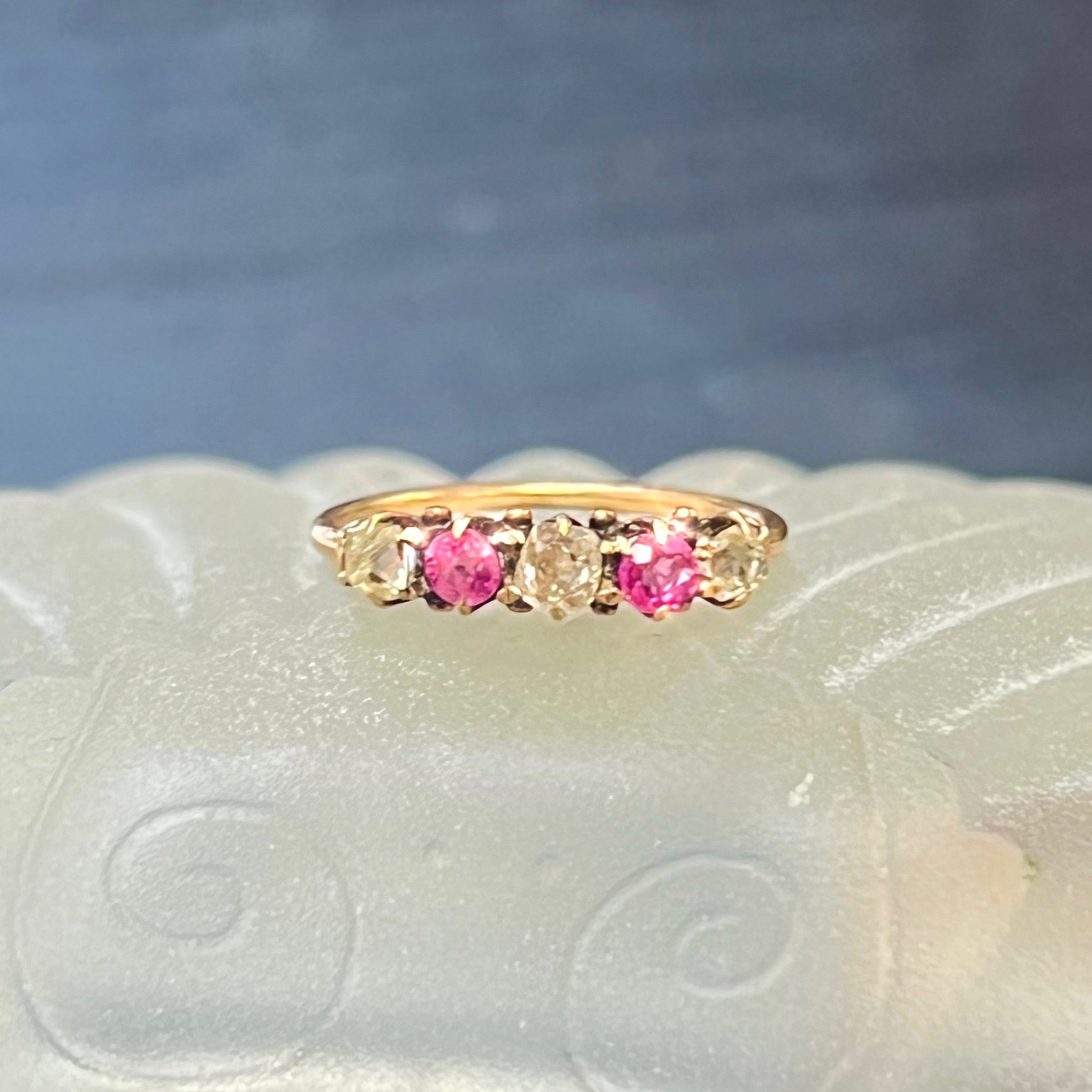 Antique Gothic Pink Sapphire and Old Cut Diamond 5 Stone Ring 14K Rose Gold Size 5.5