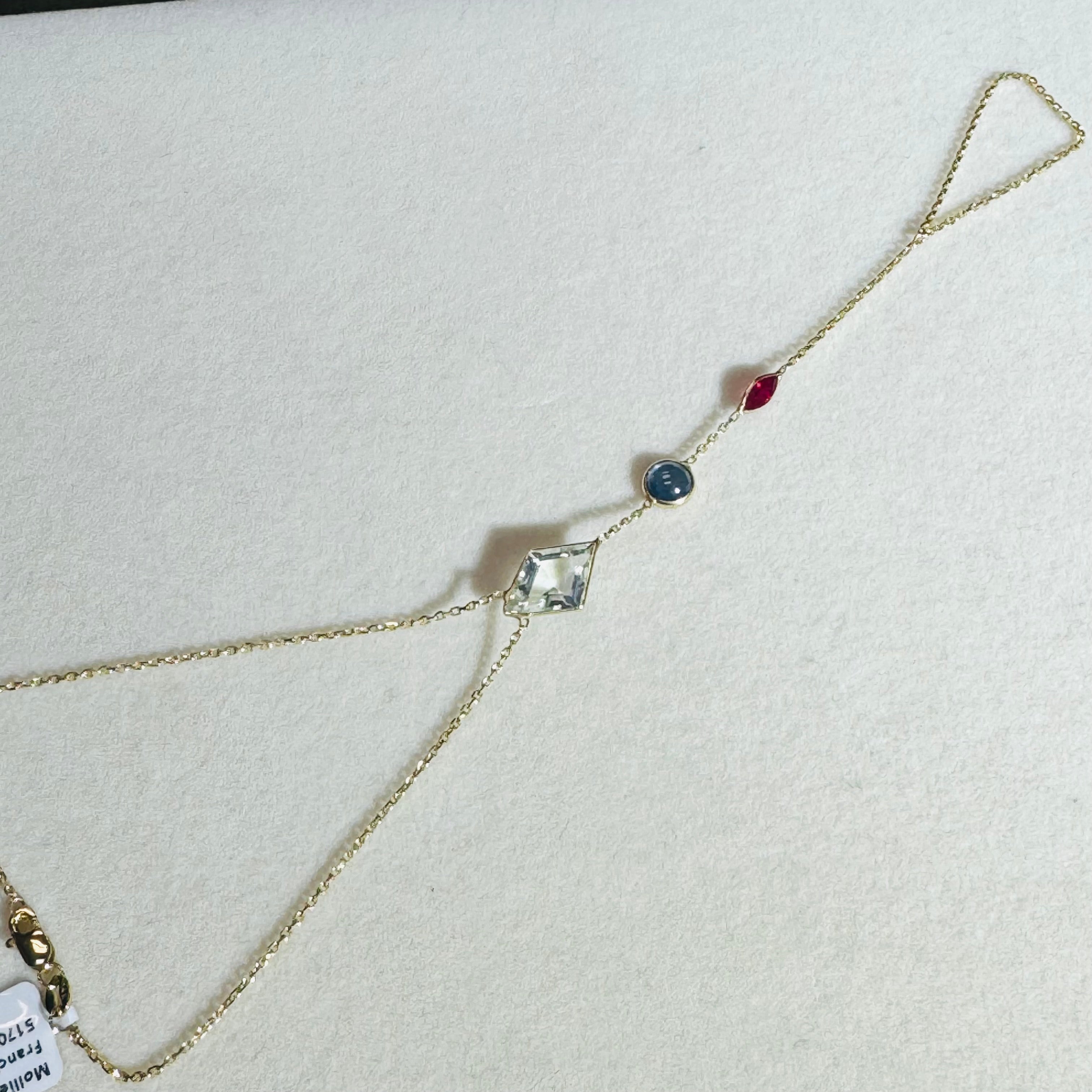 Aquamarine Sapphire and Ruby Handchain in solid 14k Yellow Gold