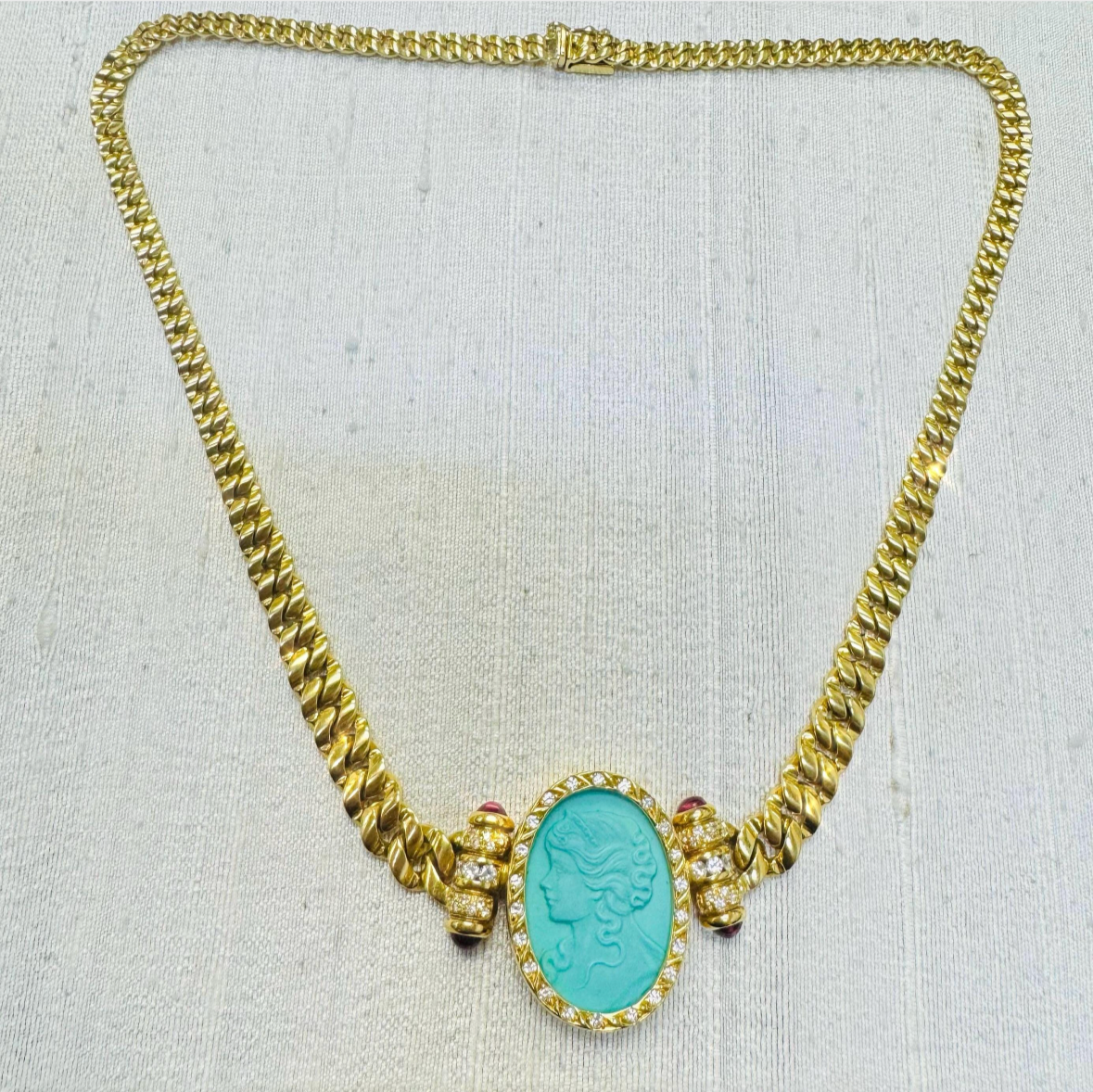 Vintage Persian Turquoise Cameo Necklace on  a Tapered Curb Link Solid 18K Gold