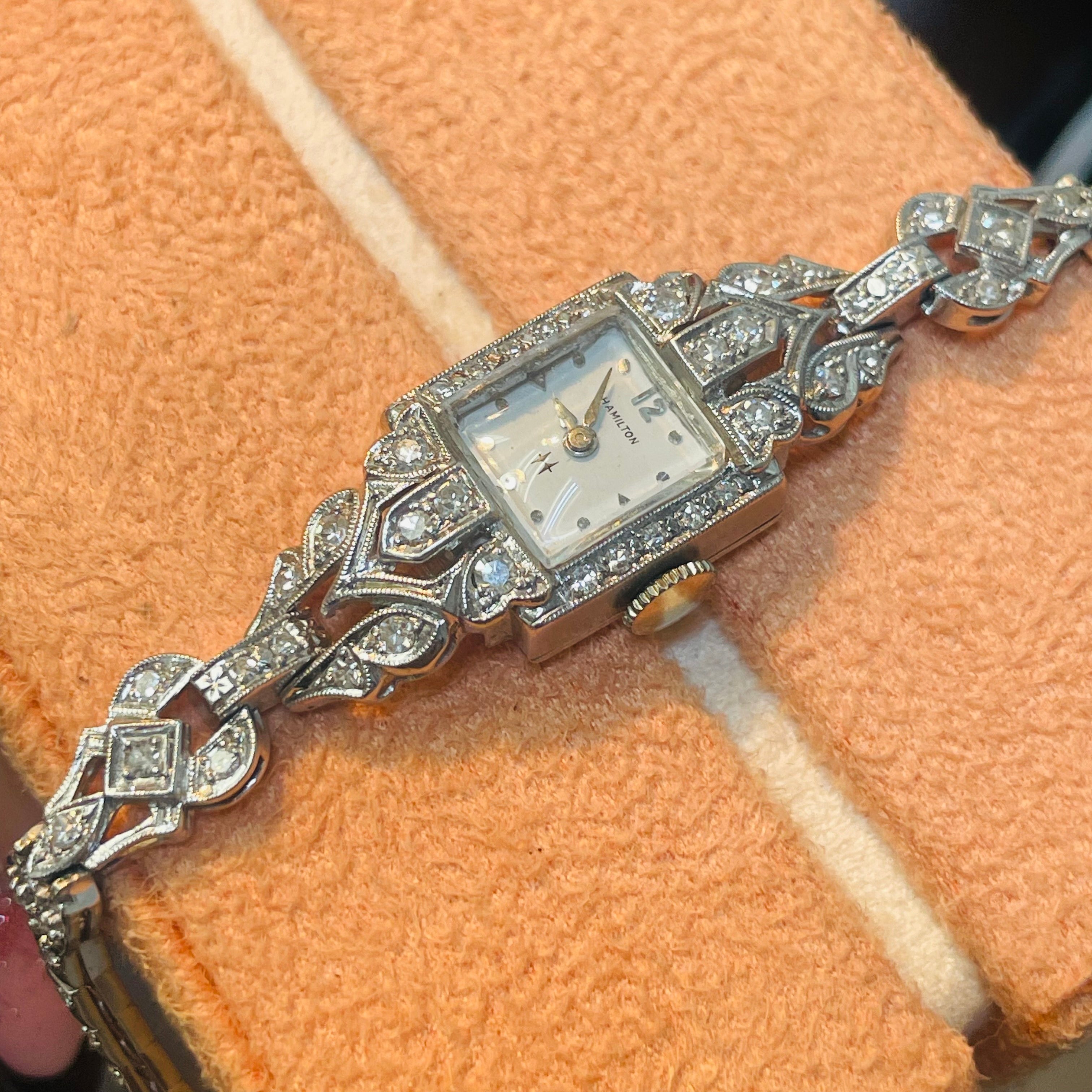 Ladies Platinum Antique Hamilton Diamond Wristwatch