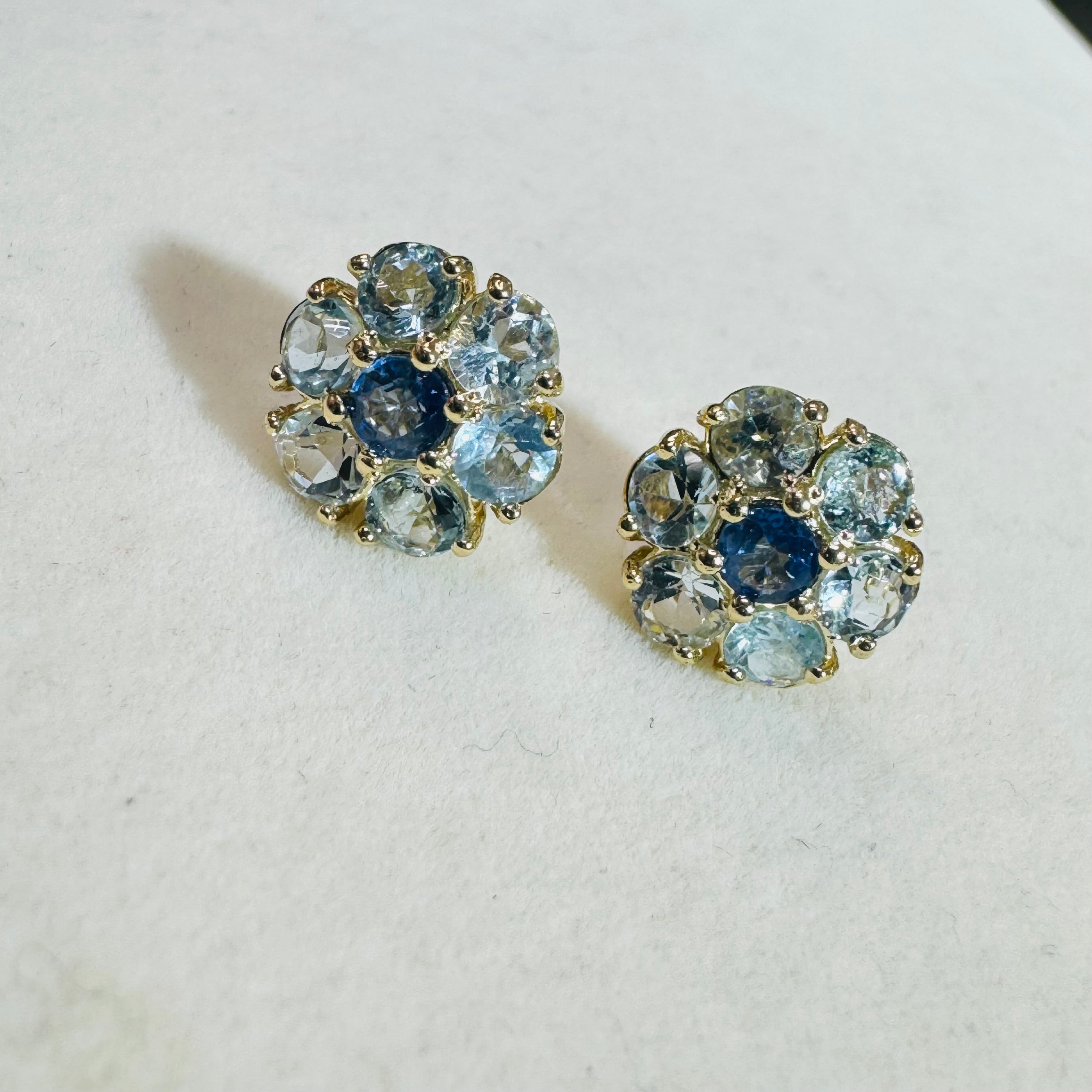 Natural Aquamarine and Sapphire Cluster Flower 14K Yellow Gold Stud Earrings