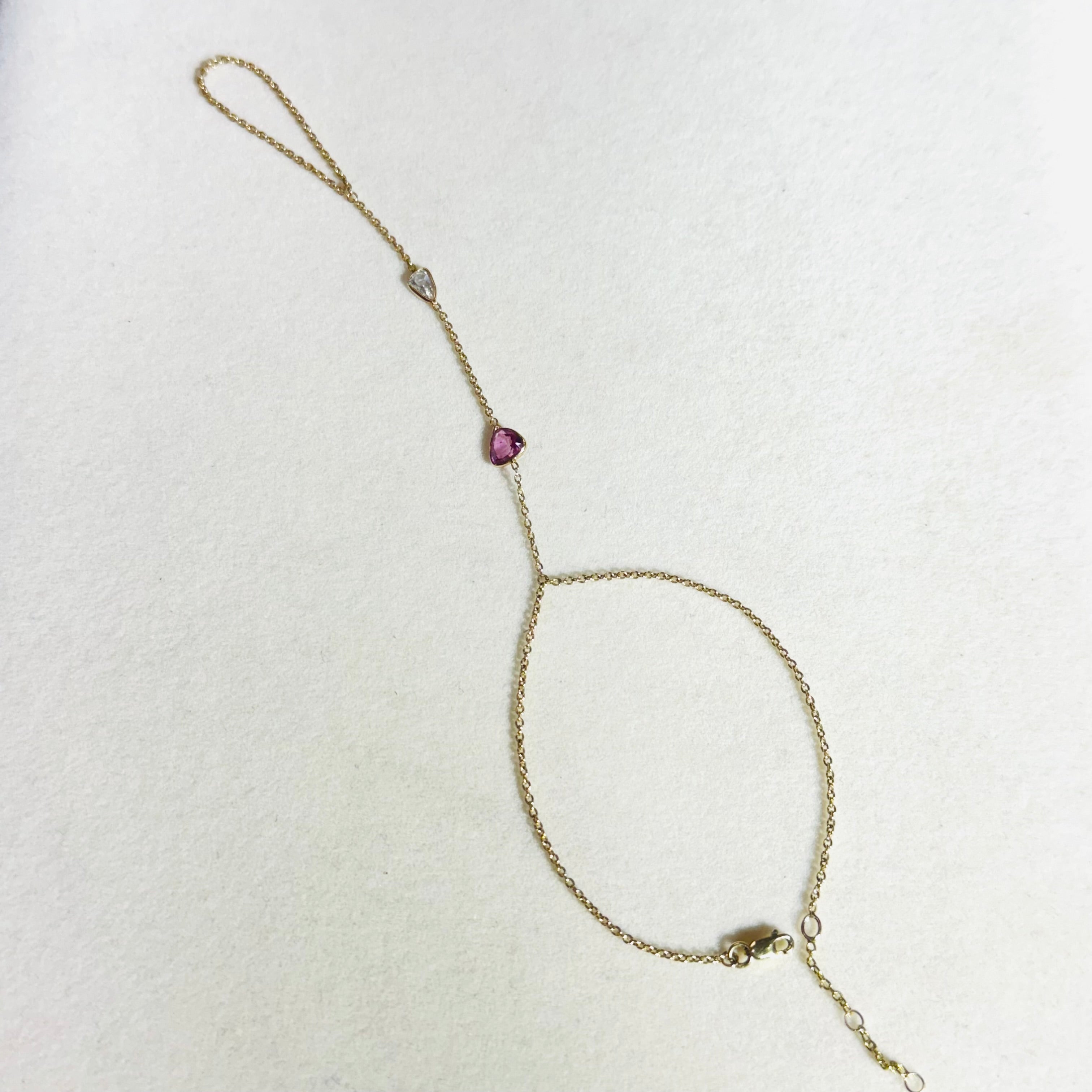 Pink Sapphire and Diamond Rose Cut Hand Chain Bracelet in solid 14k Yellow Gold