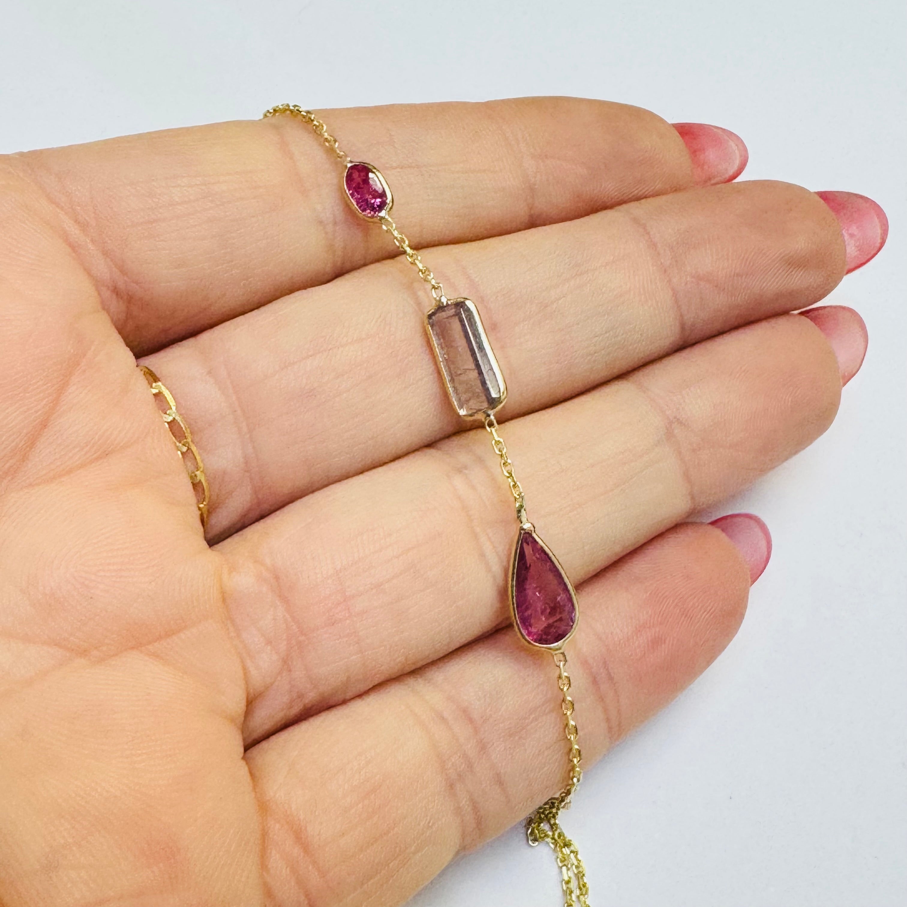 14K Yellow Gold Multi Pink and Purple Tourmaline Handchain