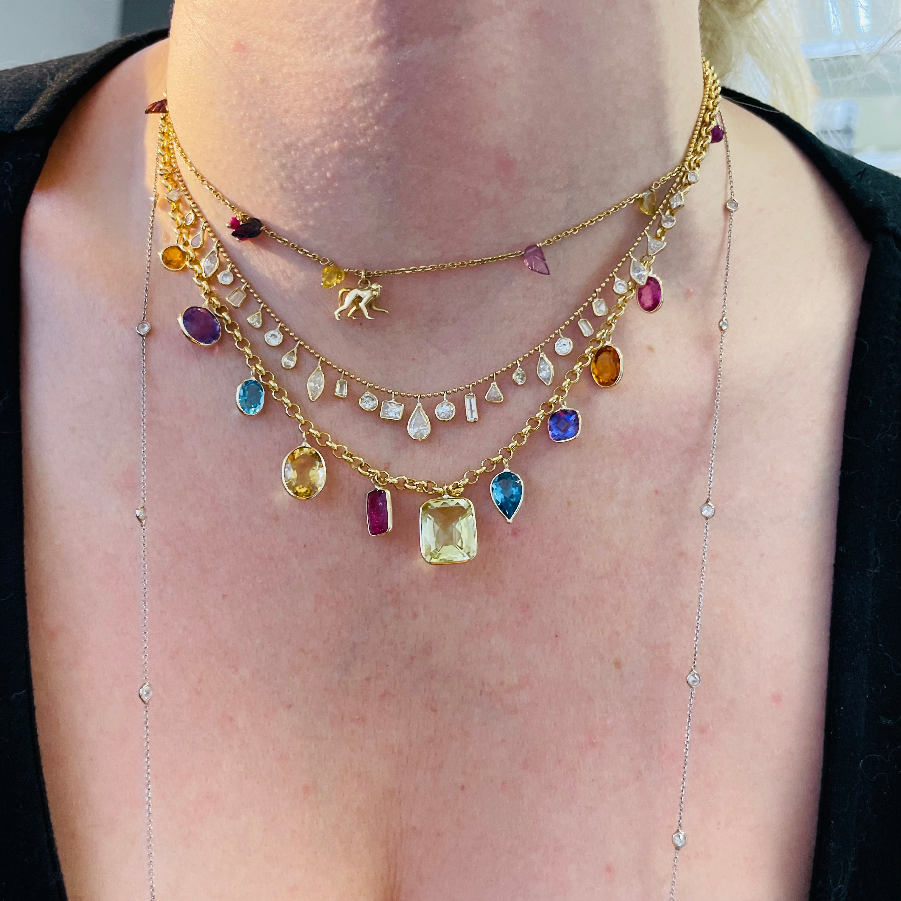 Bright and Colorful! Solid 14K Yellow Gold Gem Charm Necklace with Pink Tourmaline Topaz Citrine Aquamarine, and Amethyst Custom