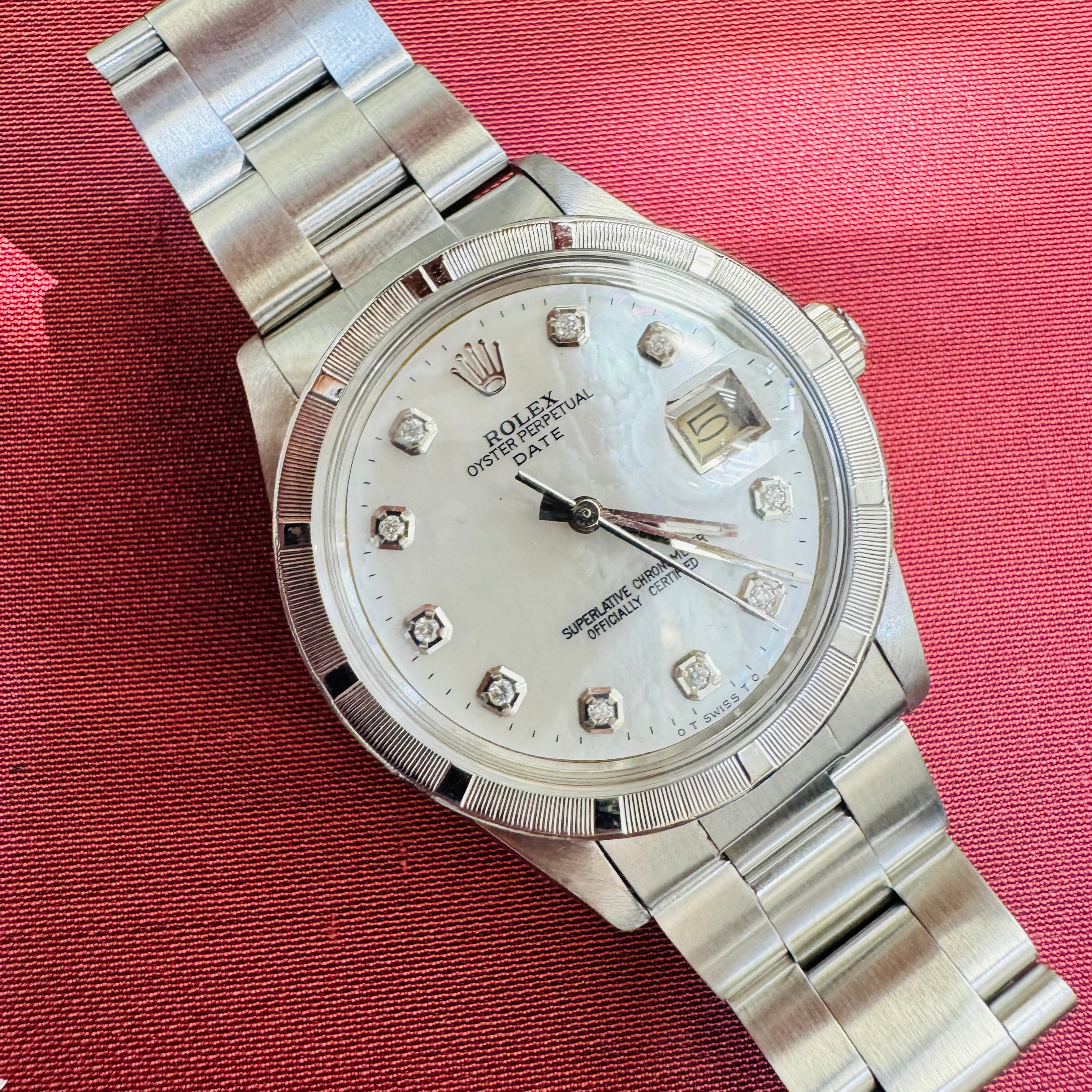 34mm Stainless Rolex Date Mother of Pearl Diamond Dial Watch Year 1983