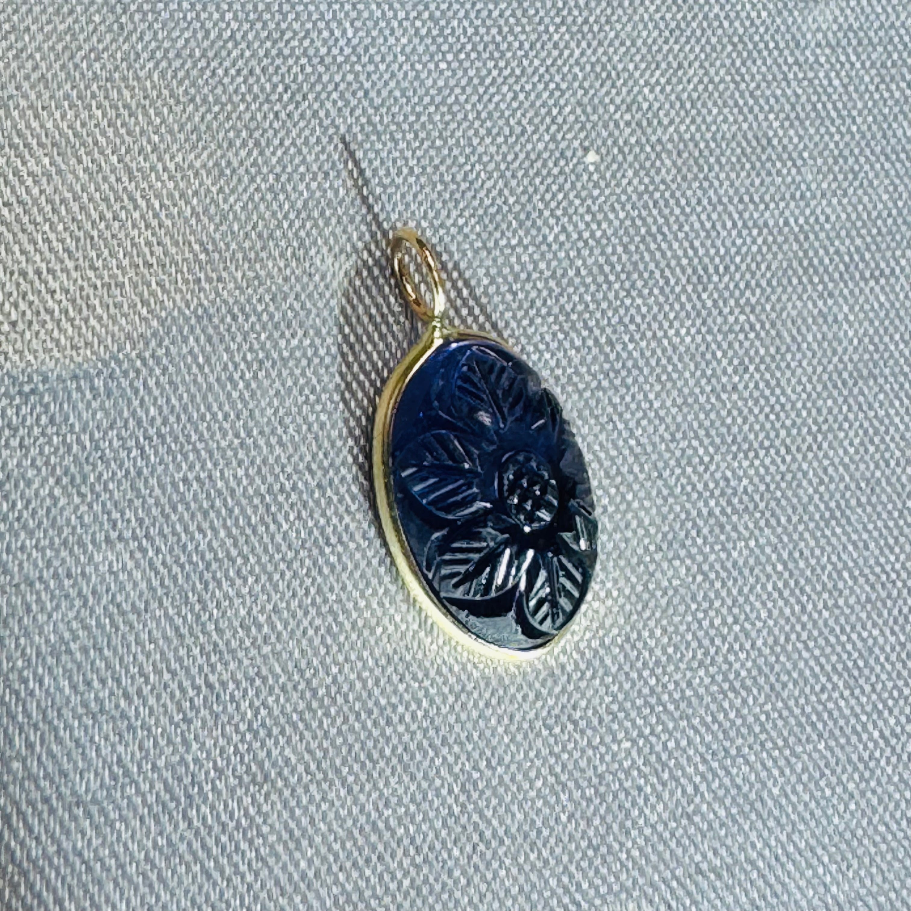 Carved Blue Iolite Pendant 14K Yellow Gold