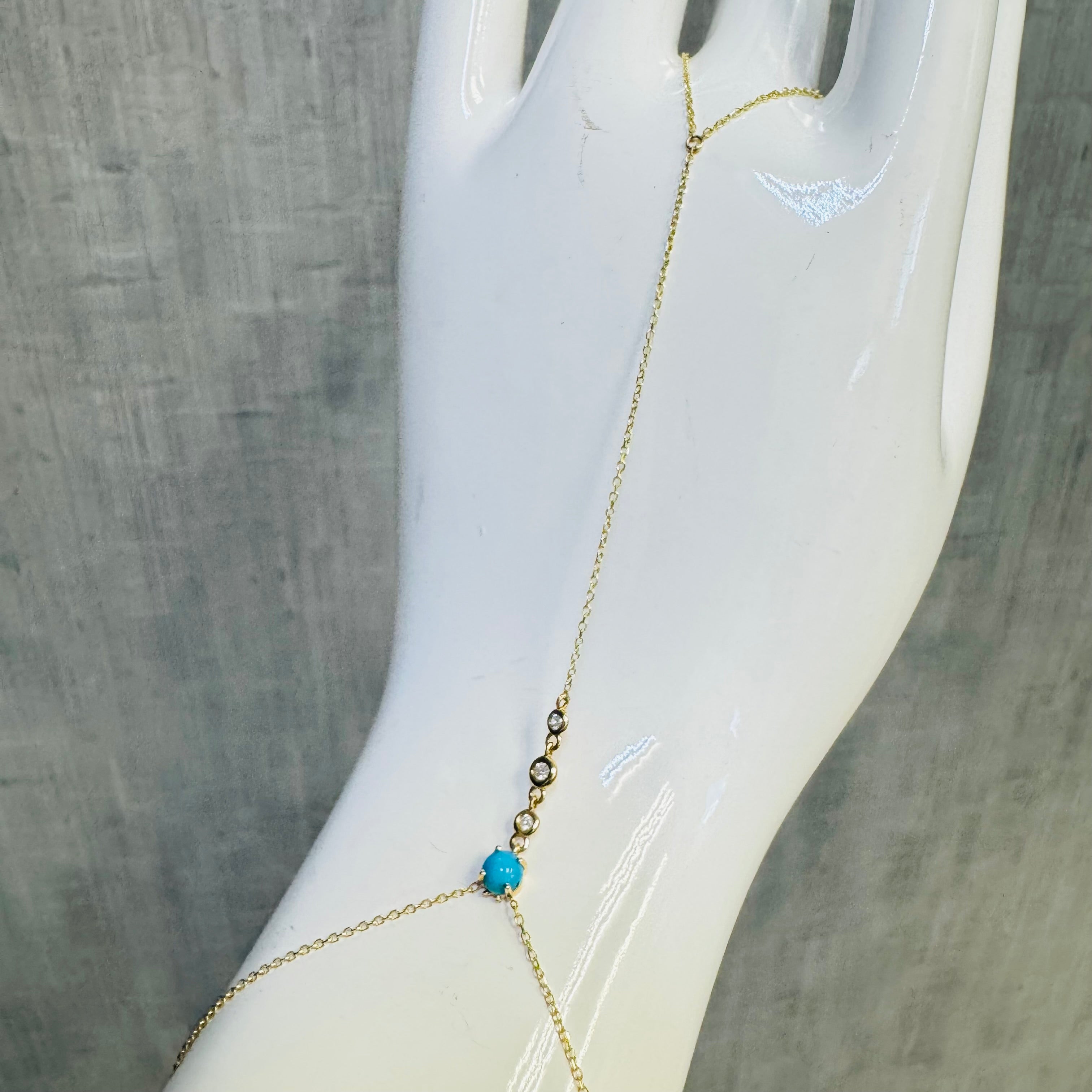 14K Yellow Gold Turquoise and  Diamond Handchain