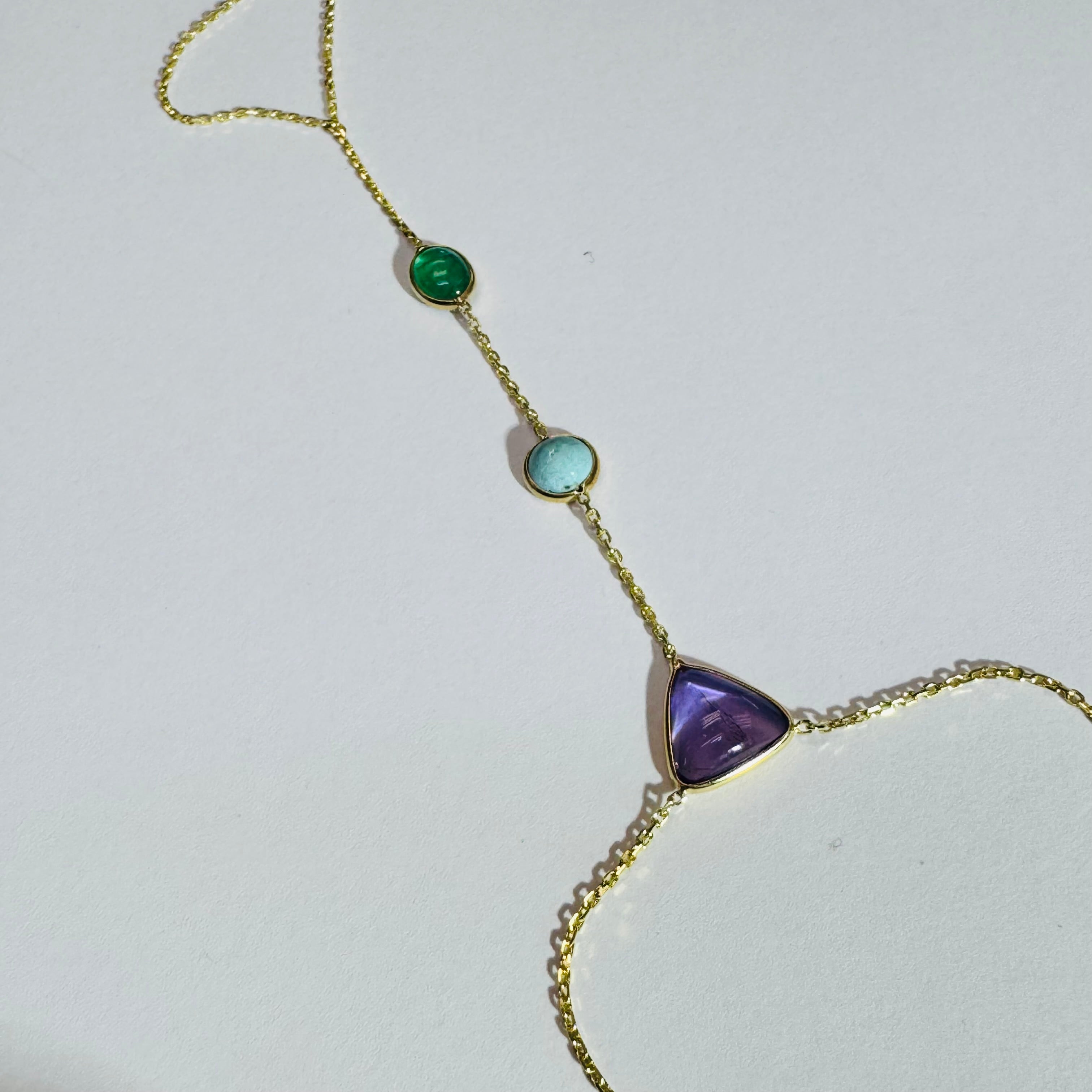 Emerald Turquoise Amethyst Cabochon 14K Yellow Gold Handchain