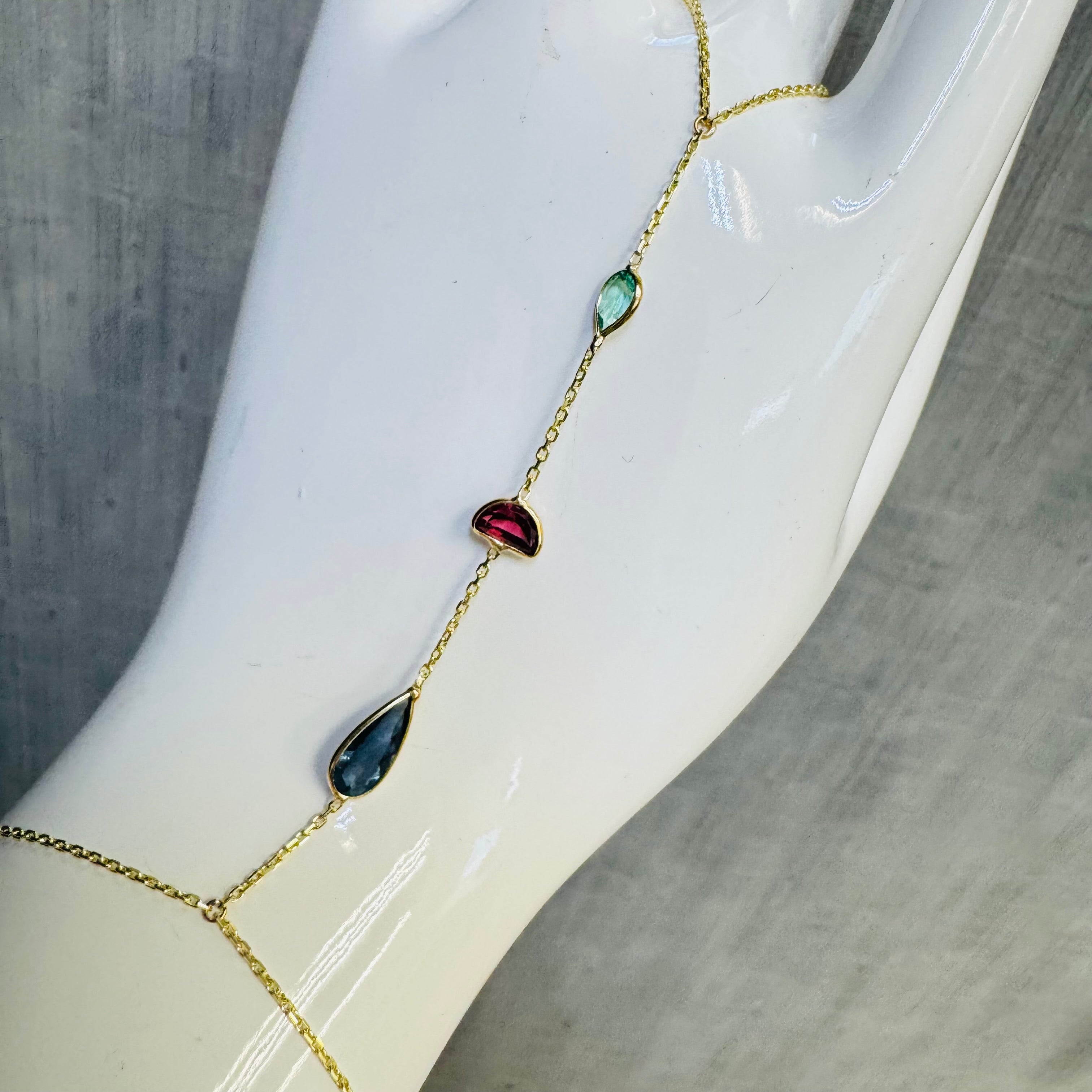 Emerald Garnet Tourmaline 14K Yellow Gold Handchain